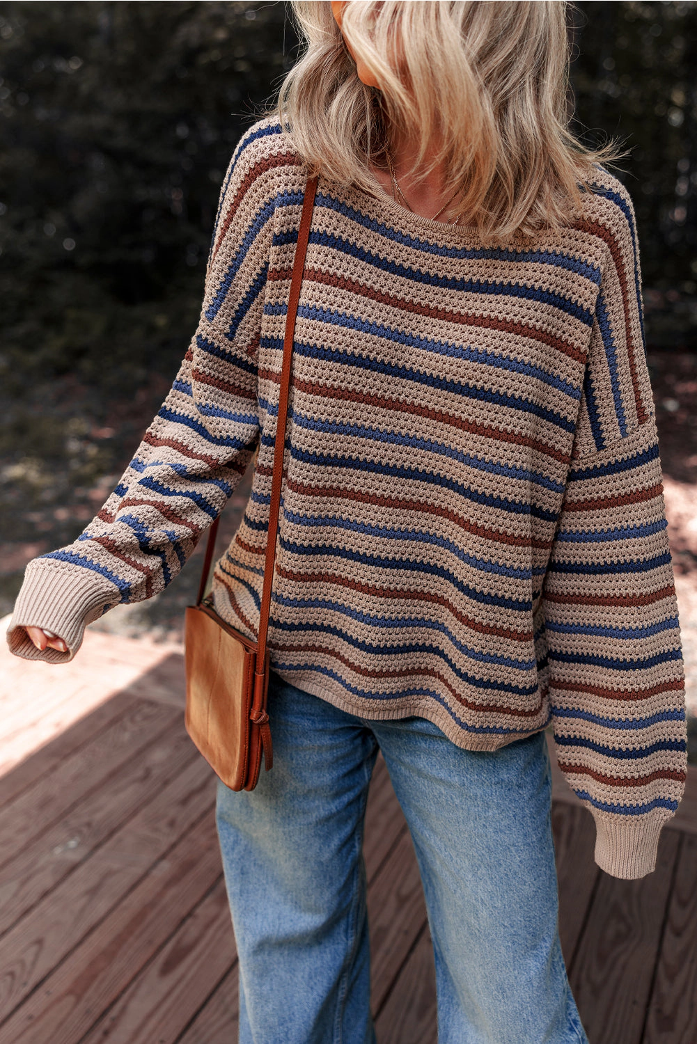 Threaded Pear Women's Emery Striped Knitted Drop Shoulder Round Neck Sweater