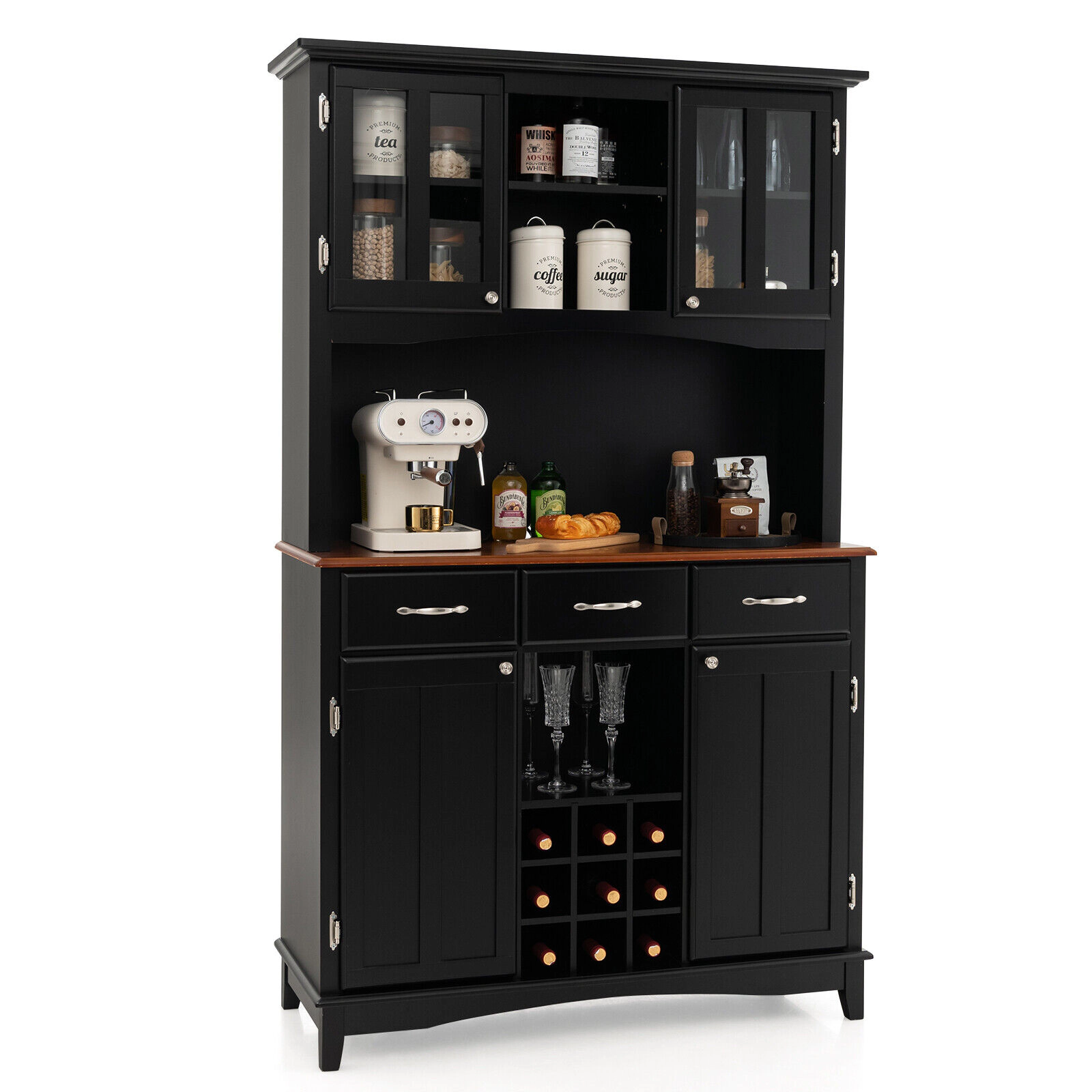 SUGIFT 72.5-in Tall 445-lb Capacity Black Storage Cabinet Hutch with 9-Bottle Wine Rack Glass Doors and 3 Drawers