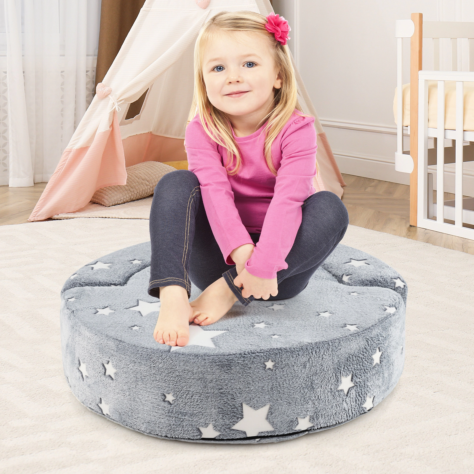 SUGIFT 2-in-1 Convertible Kids Sofa Gray Glow in the Dark with Washable Cover