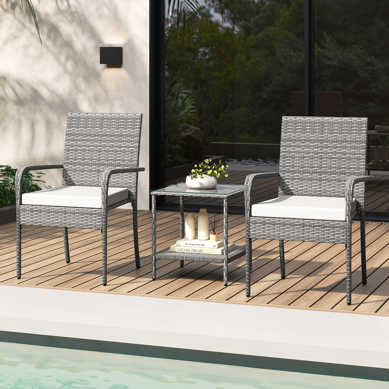 SUGIFT 3-Piece Gray Rattan Bistro Set with 2 Armchairs and 2-Tier Glass Table