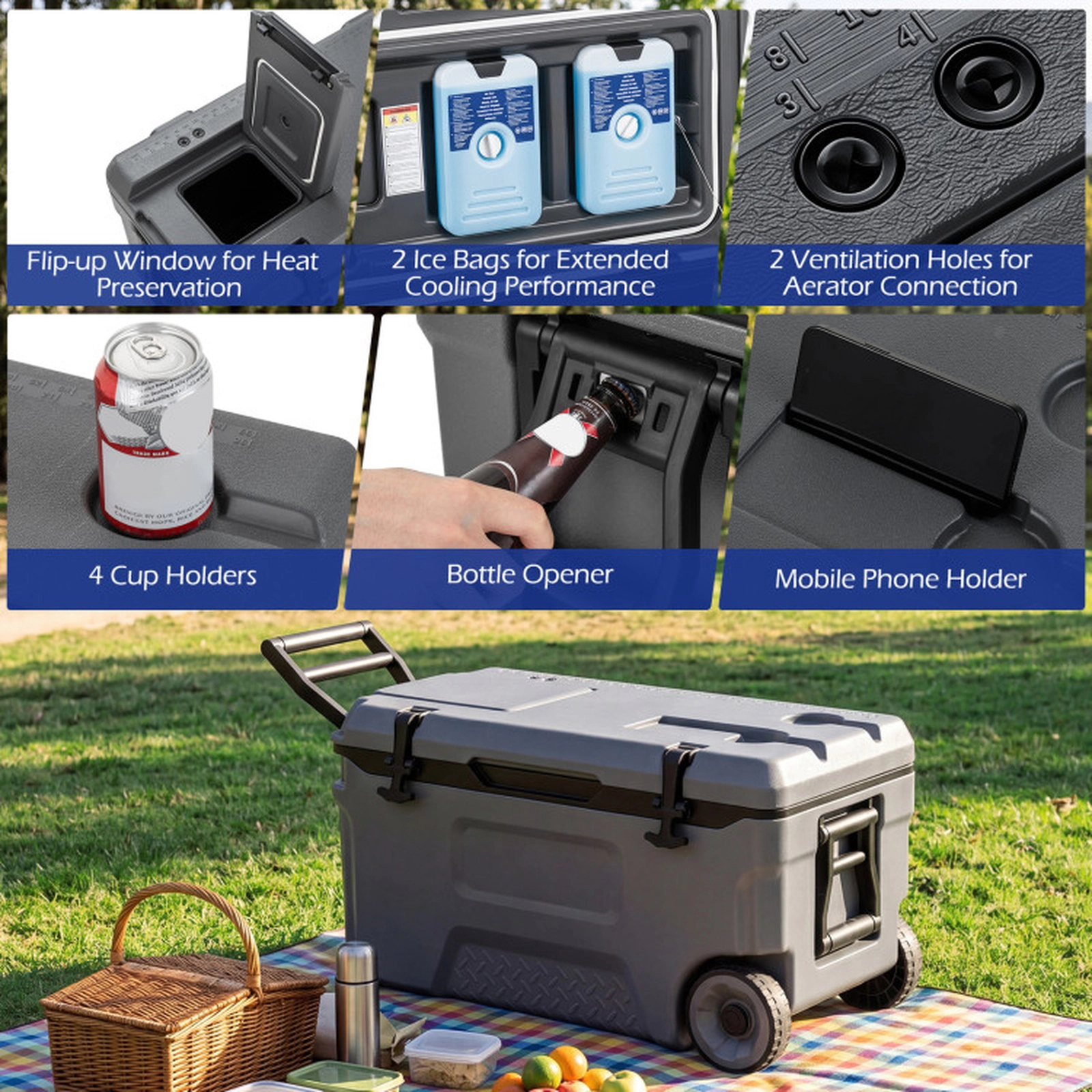SUGIFT 53-Quart Gray Rolling Patio Cooler with Fish Ruler 29.5-in W 16-in D 16-in H 220-lb Lid Capacity