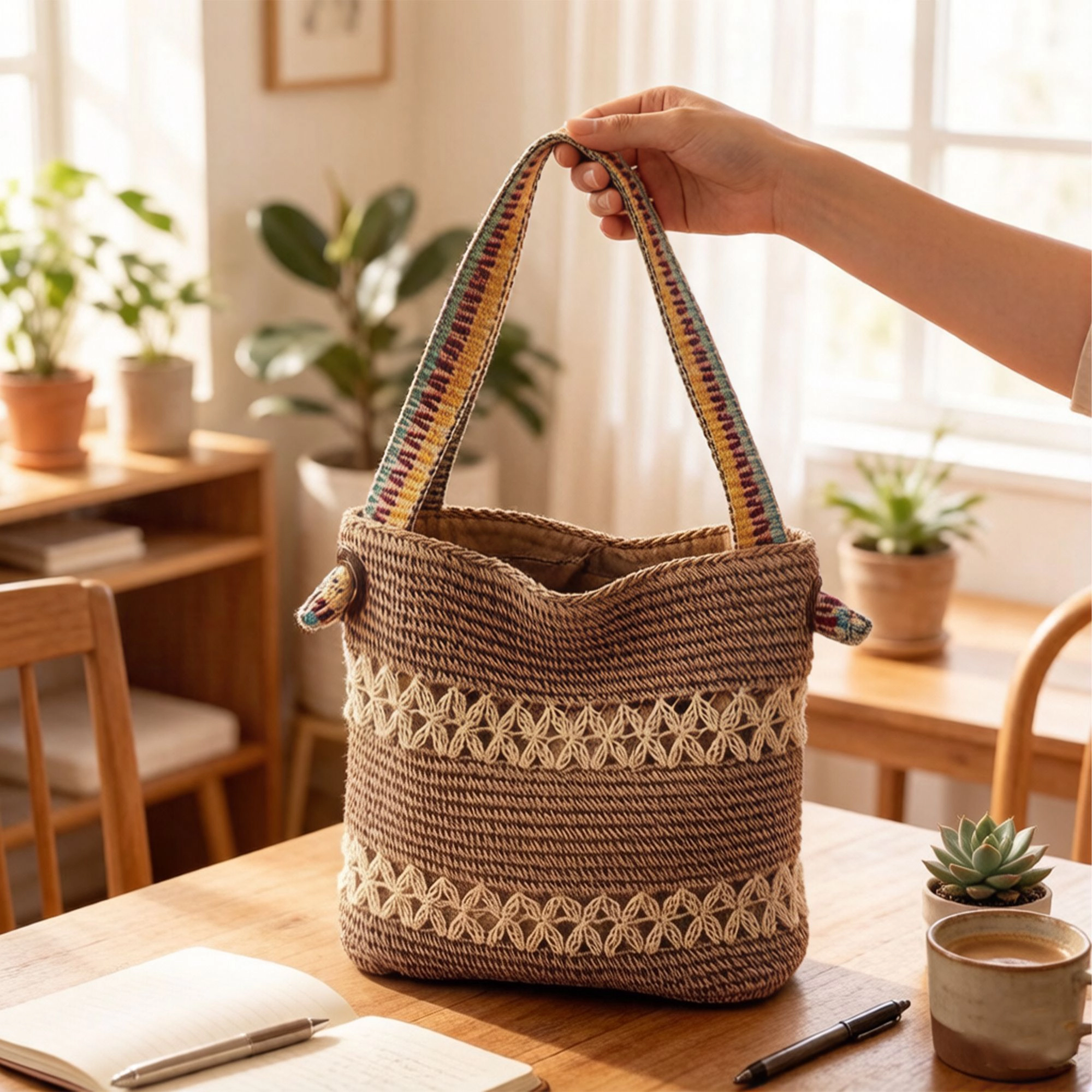 Alilang Women's Crochet Shoulder Bag with Patterned Strap Knit Hobo Handbag Lined Casual Everyday Tote