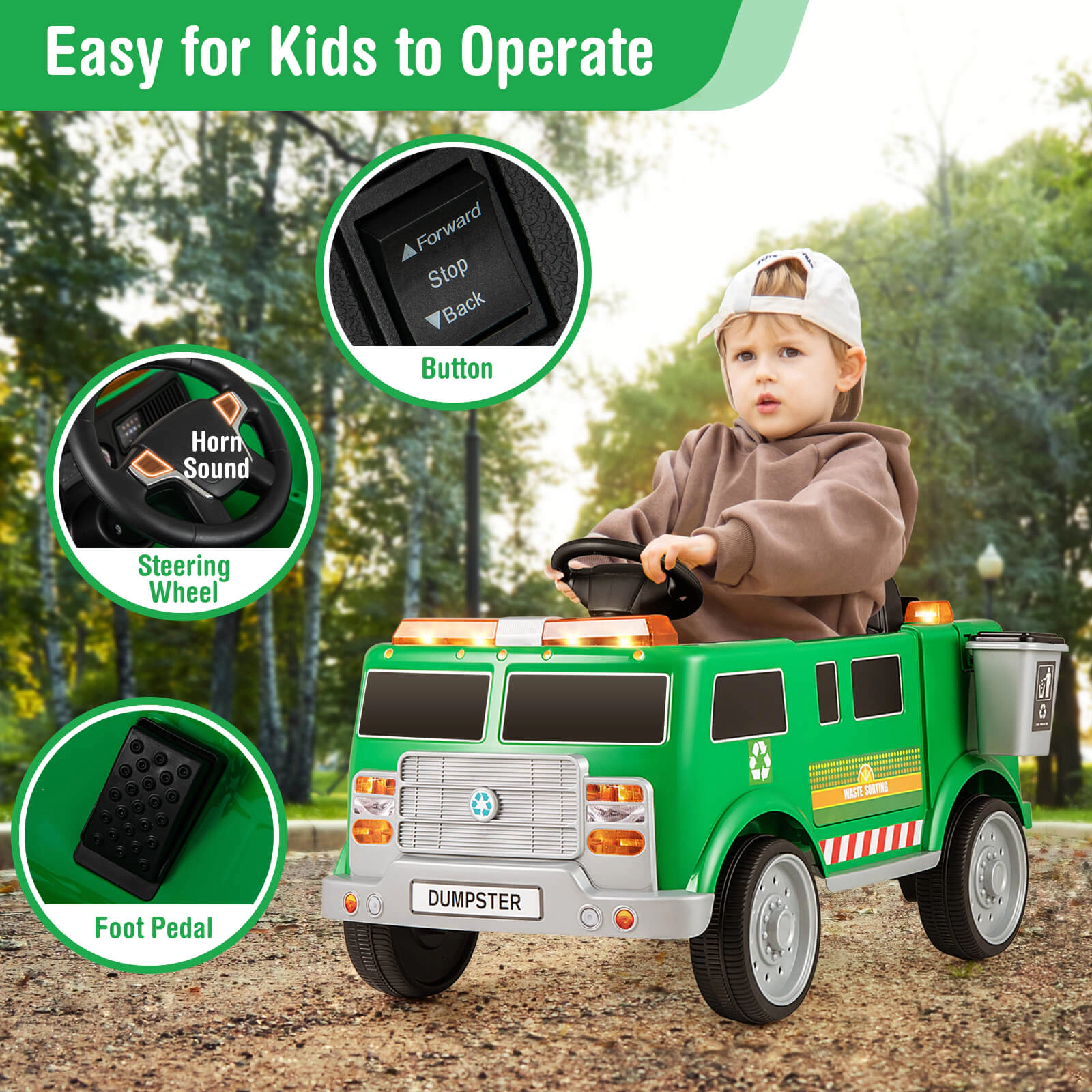 Costway Ride on Garbage Truck with Remote Control Trash Bin Shovel Lights Sound Effects