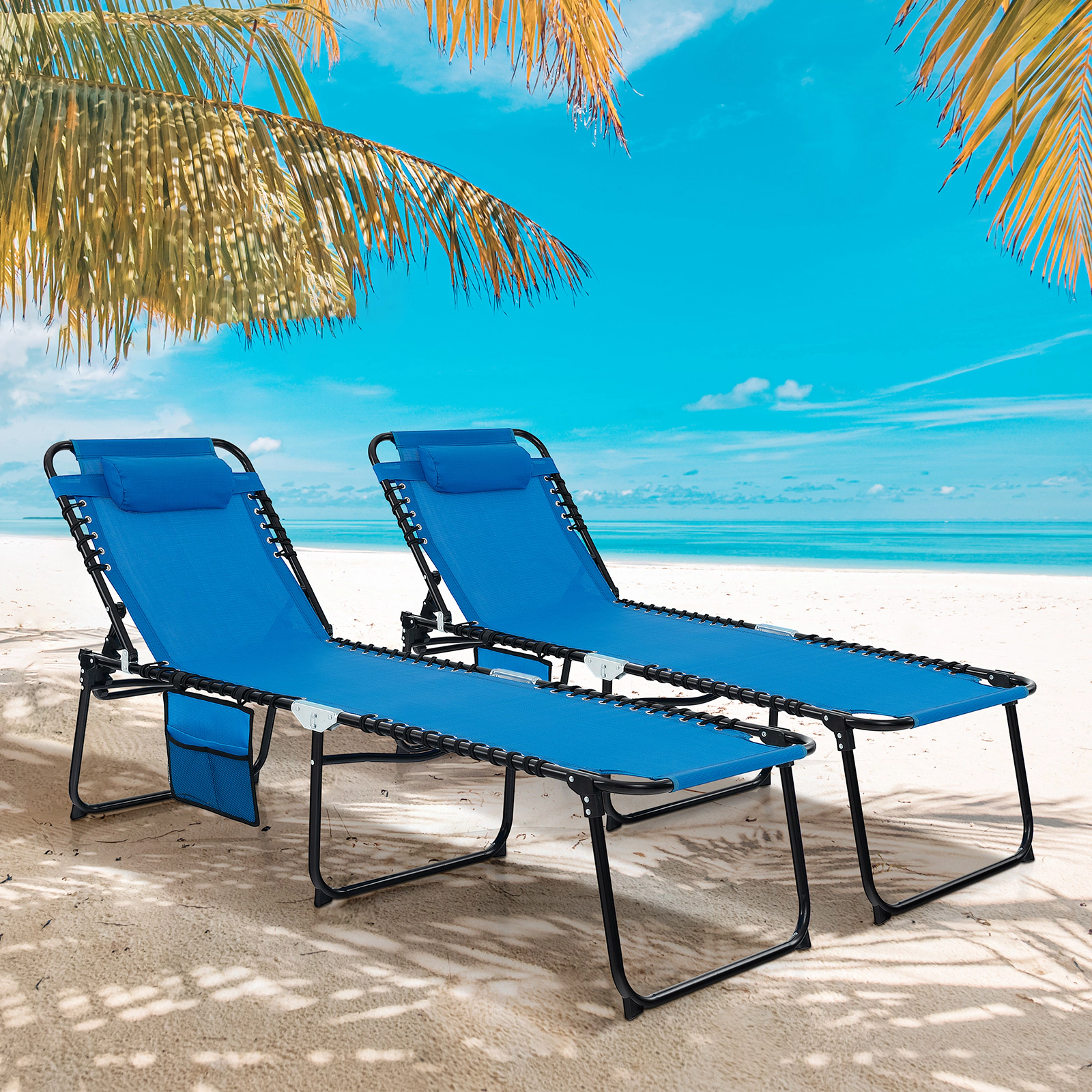 Foldable Reclining Lounge Chair with 4-Position Backrest 2-Position Footrest and Removable Headrest Portable Beach Blue