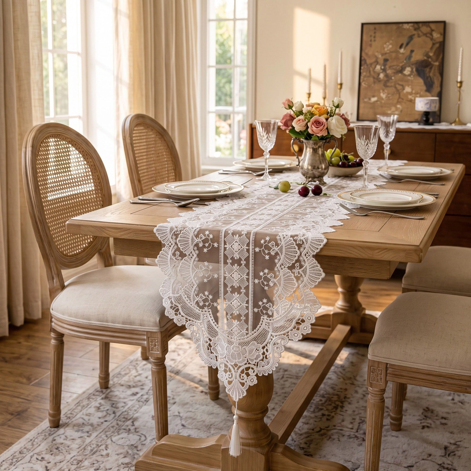 Alilang Unisex White Floral Lace Table Runner with Scalloped Edges 13.8x47.2in