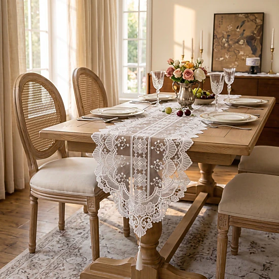 Alilang Unisex White Floral Lace Table Runner with Scalloped Edges 13.8x47.2in