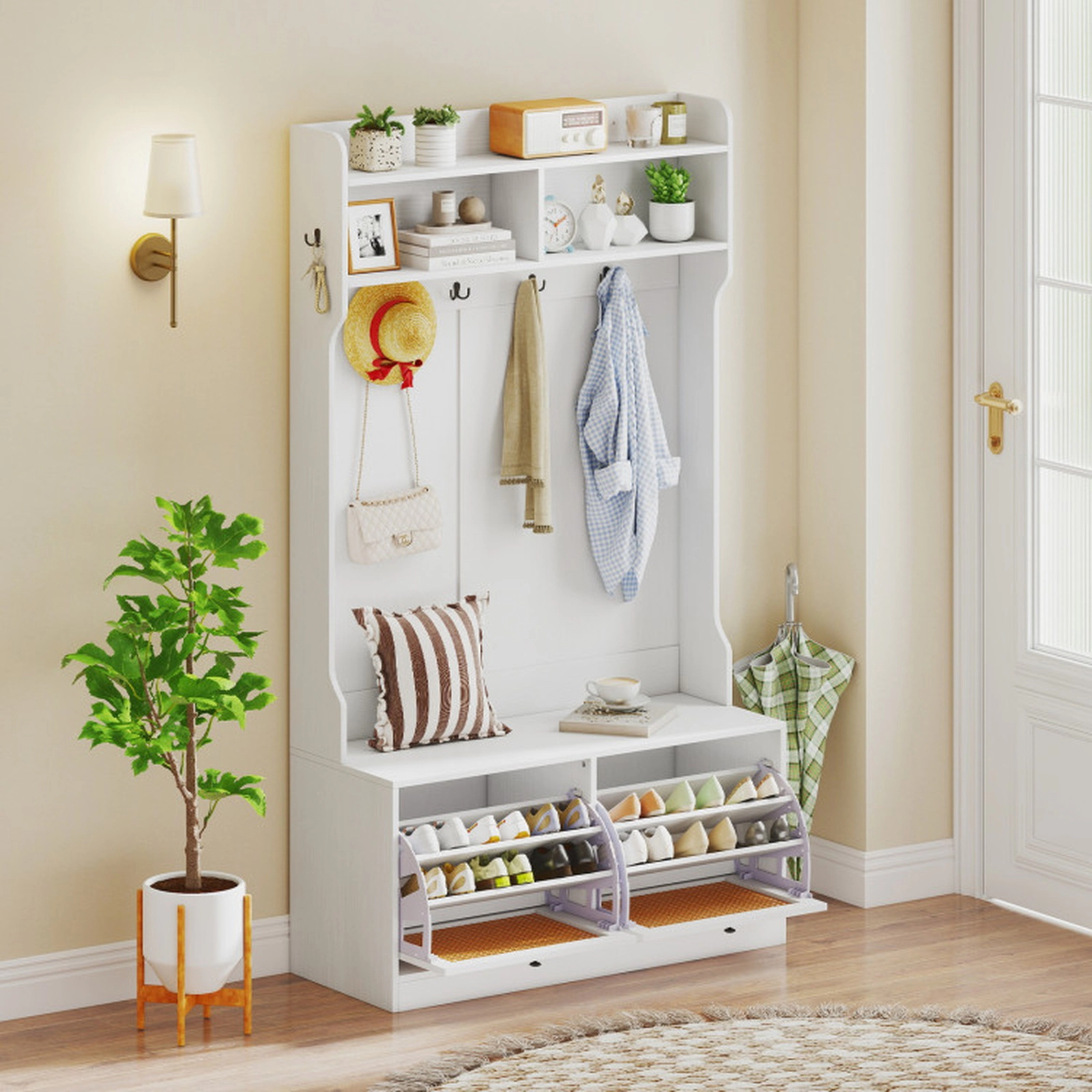 SUGIFT 40-in Wide 4-in-1 Hall Tree with Flip-Down Rattan Shoe Drawers Coat Rack and 220-lb Bench