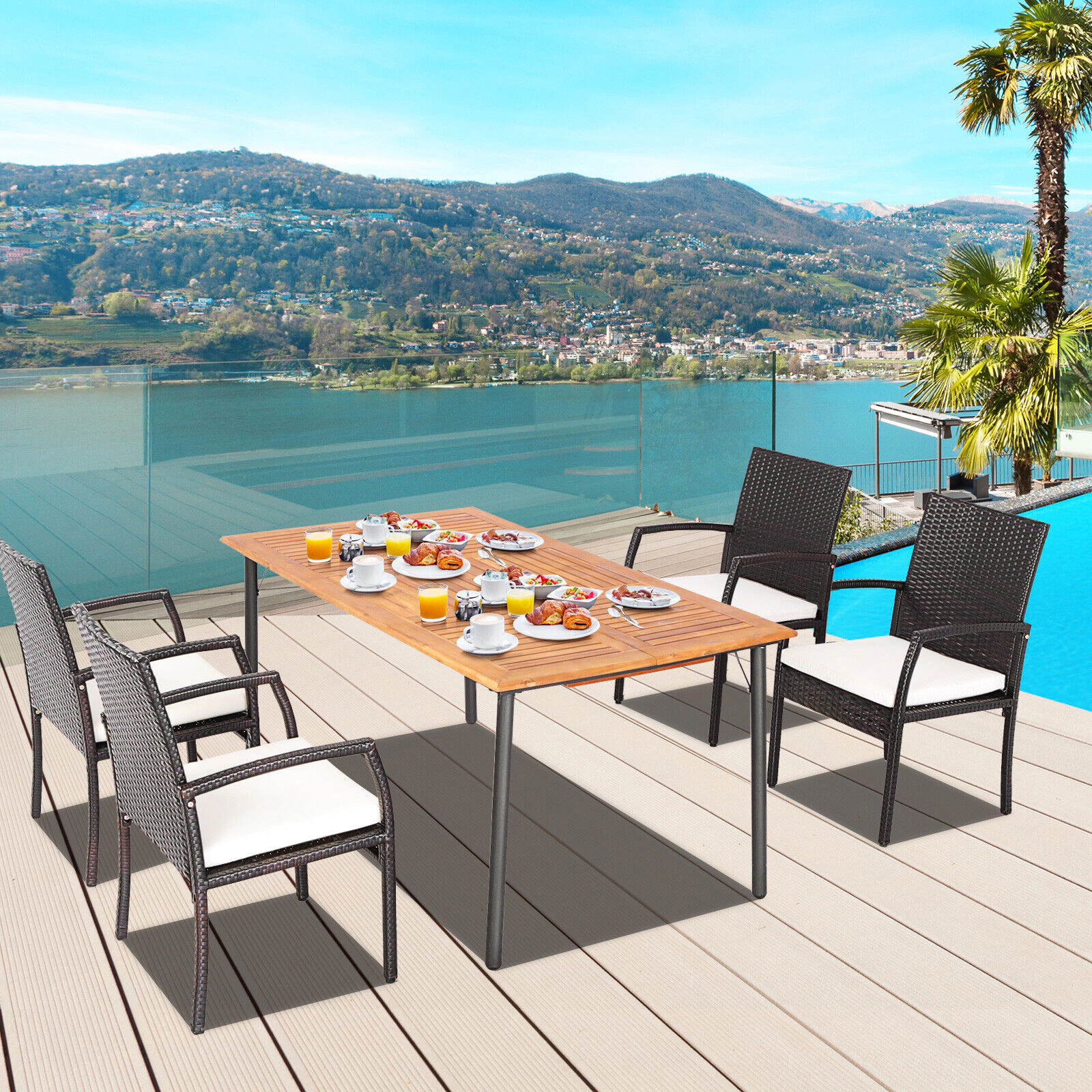 LJG Pieces Patio Wicker Cushioned Dining Set with Umbrella Hole