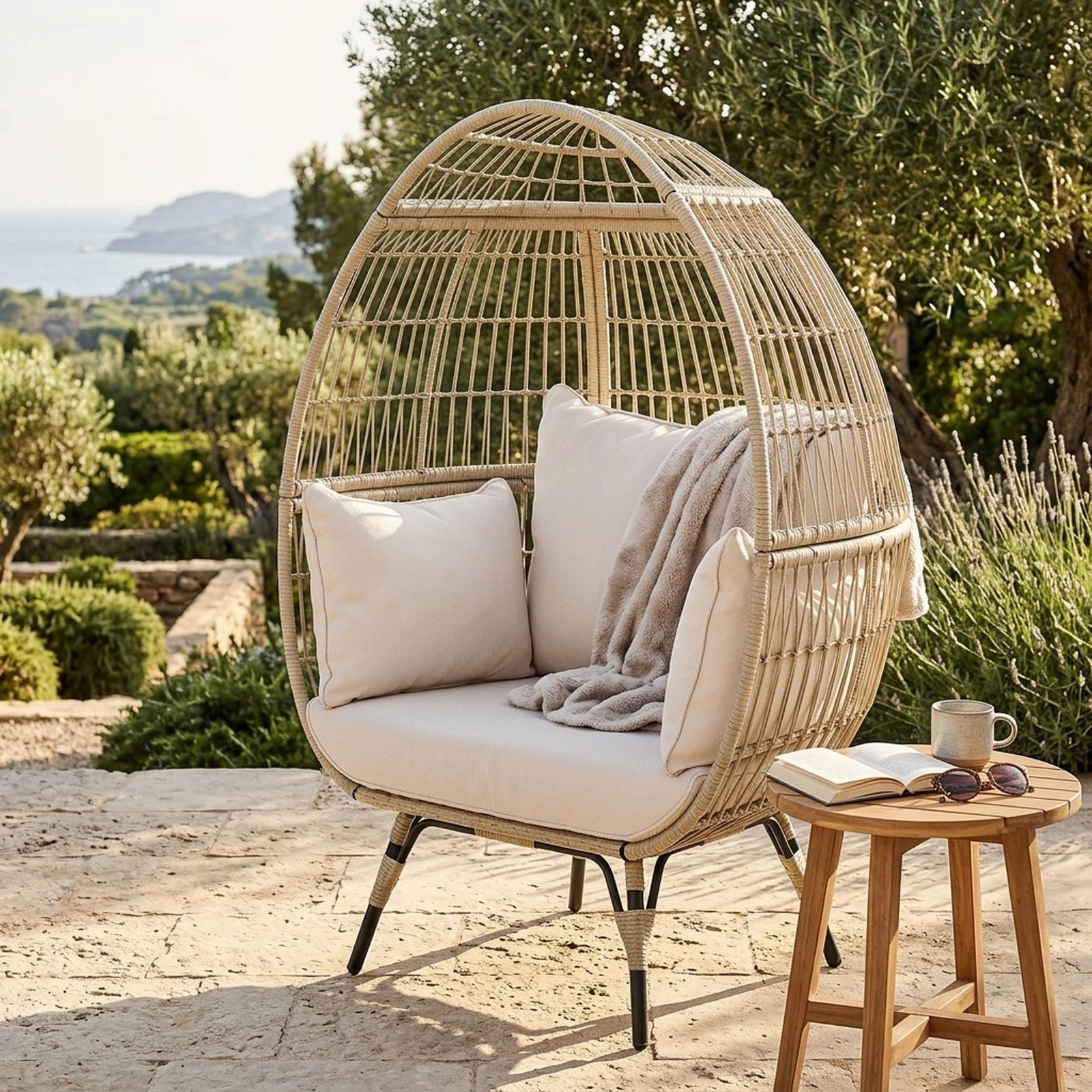 SUGIFT Oversized Outdoor Egg Lounge Chair, Light Brown PE Wicker, 4 Cushions