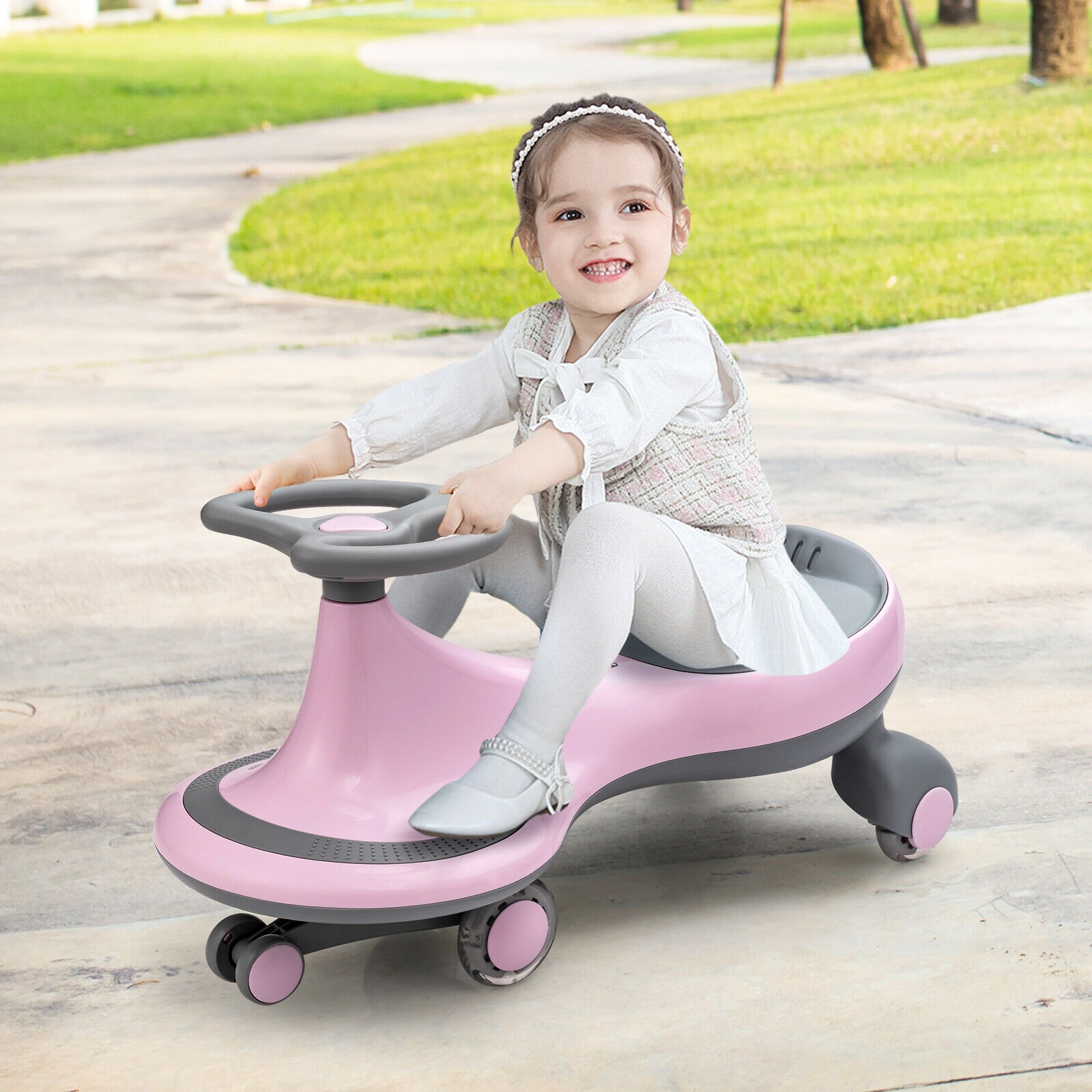 Wiggle Car Kids PU Flashing Wheels Seamless Body 27-in Twist Ride On No Pedals Ages 2+ 110-lb Capacity Pink