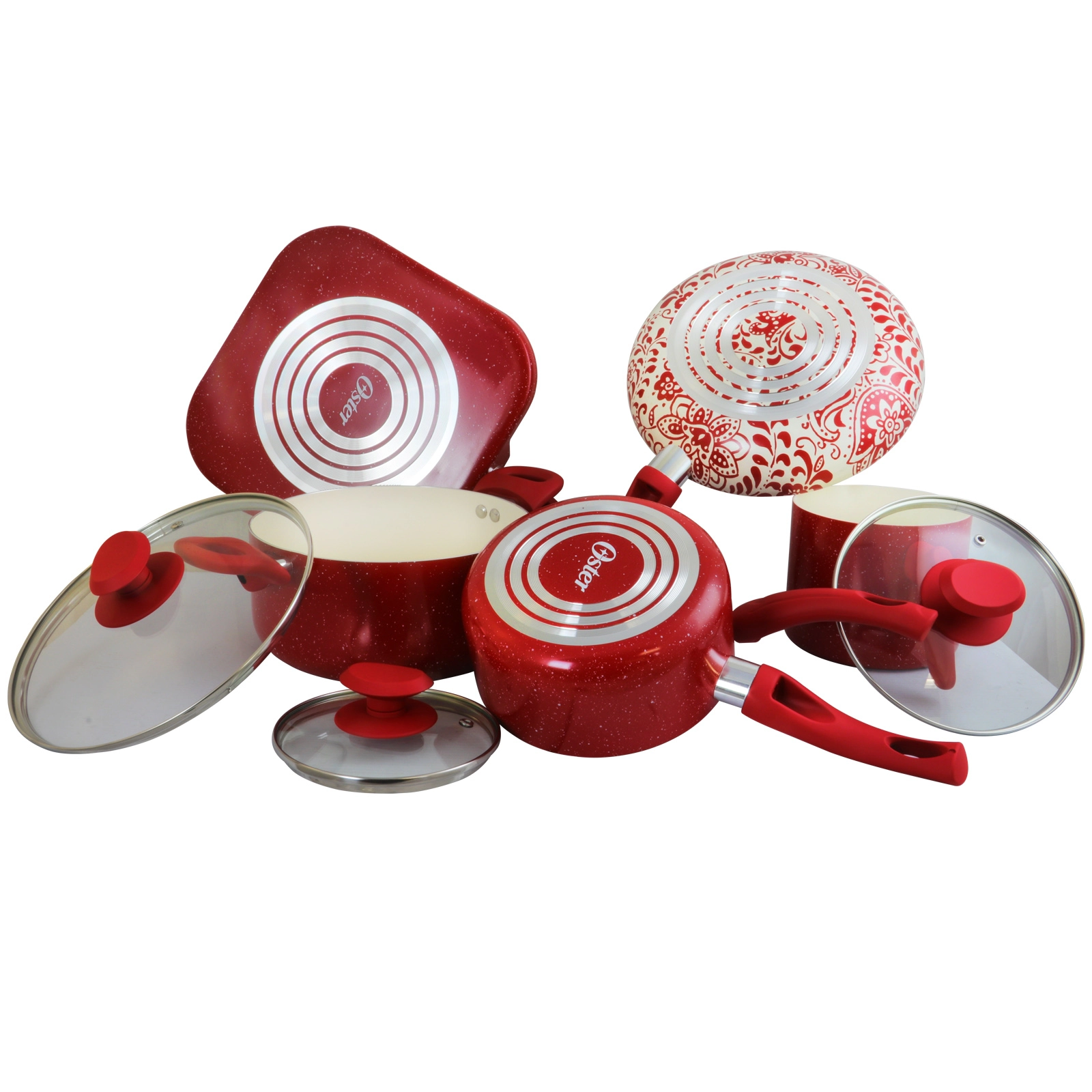 Oster Cocina San Jacinto Aluminum Cookware Set in Red Speckled Finish, Set of 9