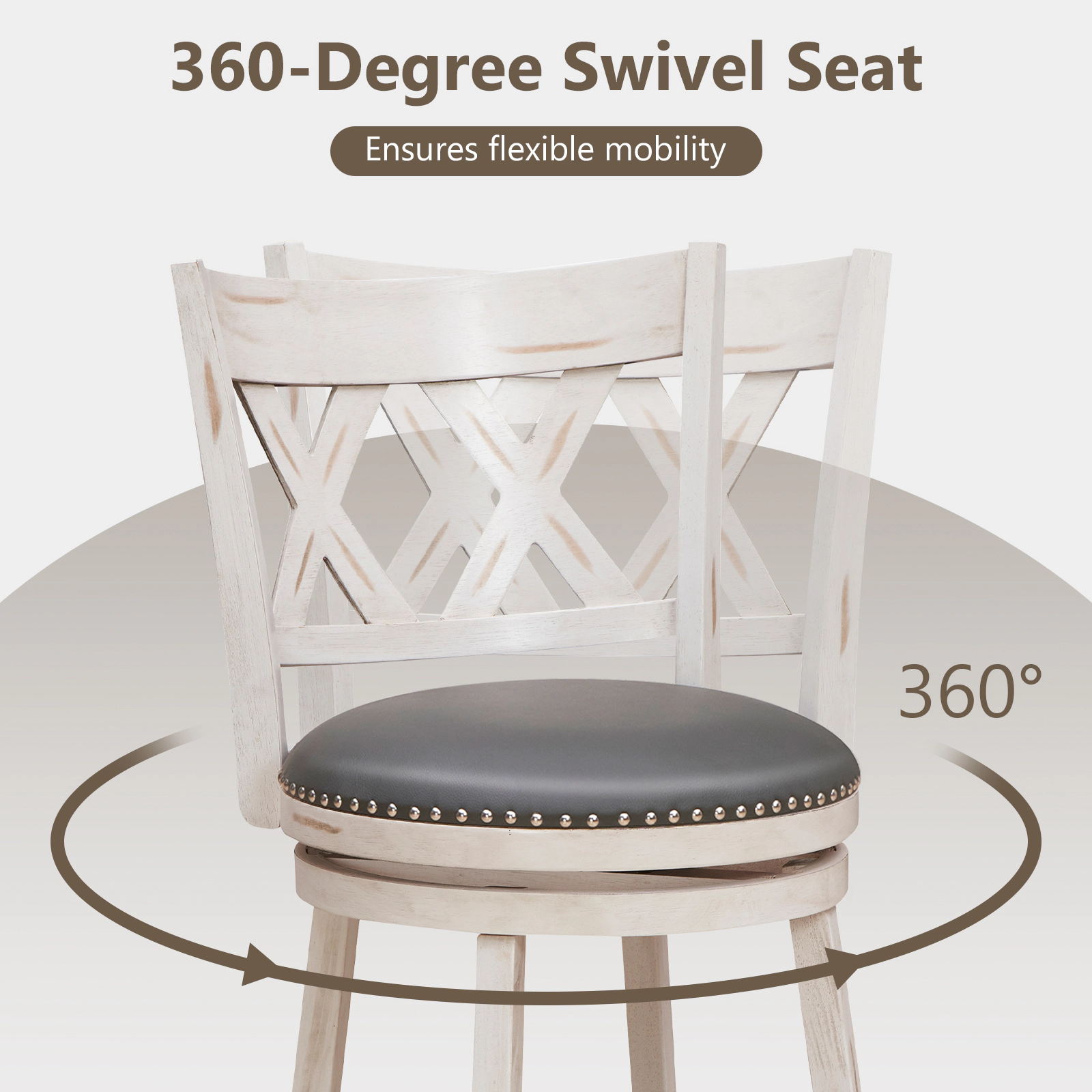 SUGIFT 25.5-In Swivel Hand-Antiqued Counter Stool Set of 2 300-Lb Capacity & Wider 20-In Padded Seat Antique White +