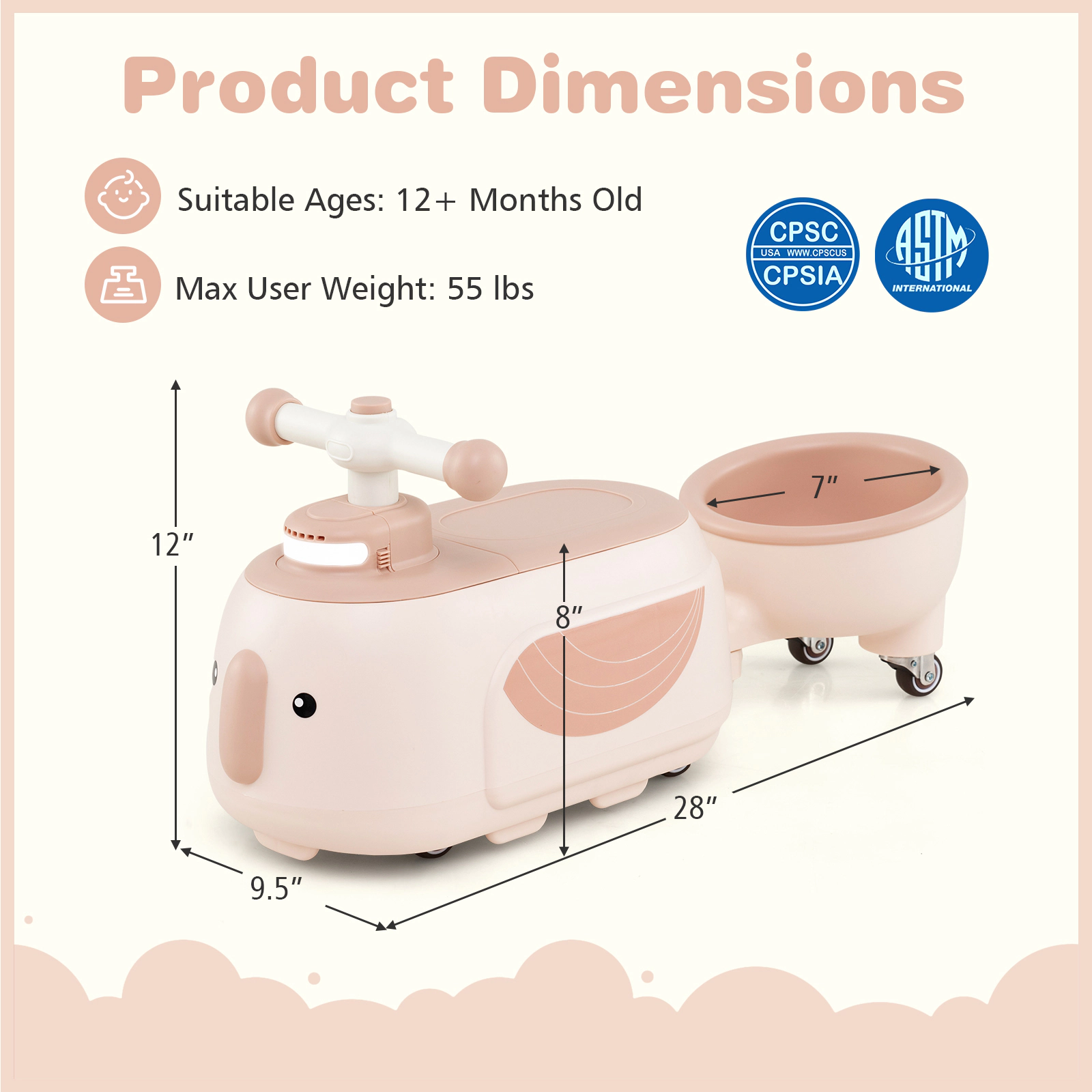 SUGIFT Foot-to-Floor Toddler Ride-On Toy with Trailer and Light Music 55-lb Capacity Ages 12 Months+ Beige