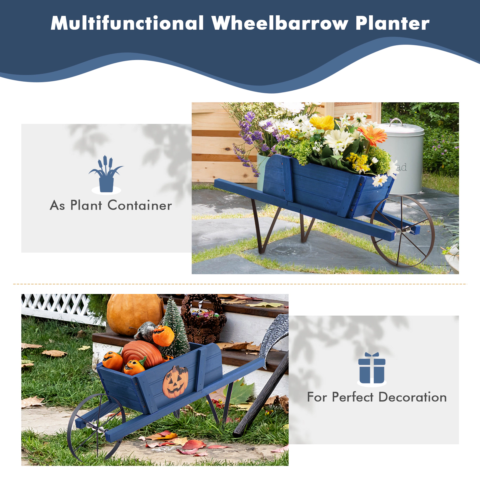 SUGIFT Blue Wooden Wagon Planter with 9 Magnetic Accessories Decorative Wheelbarrow for Garden Yard