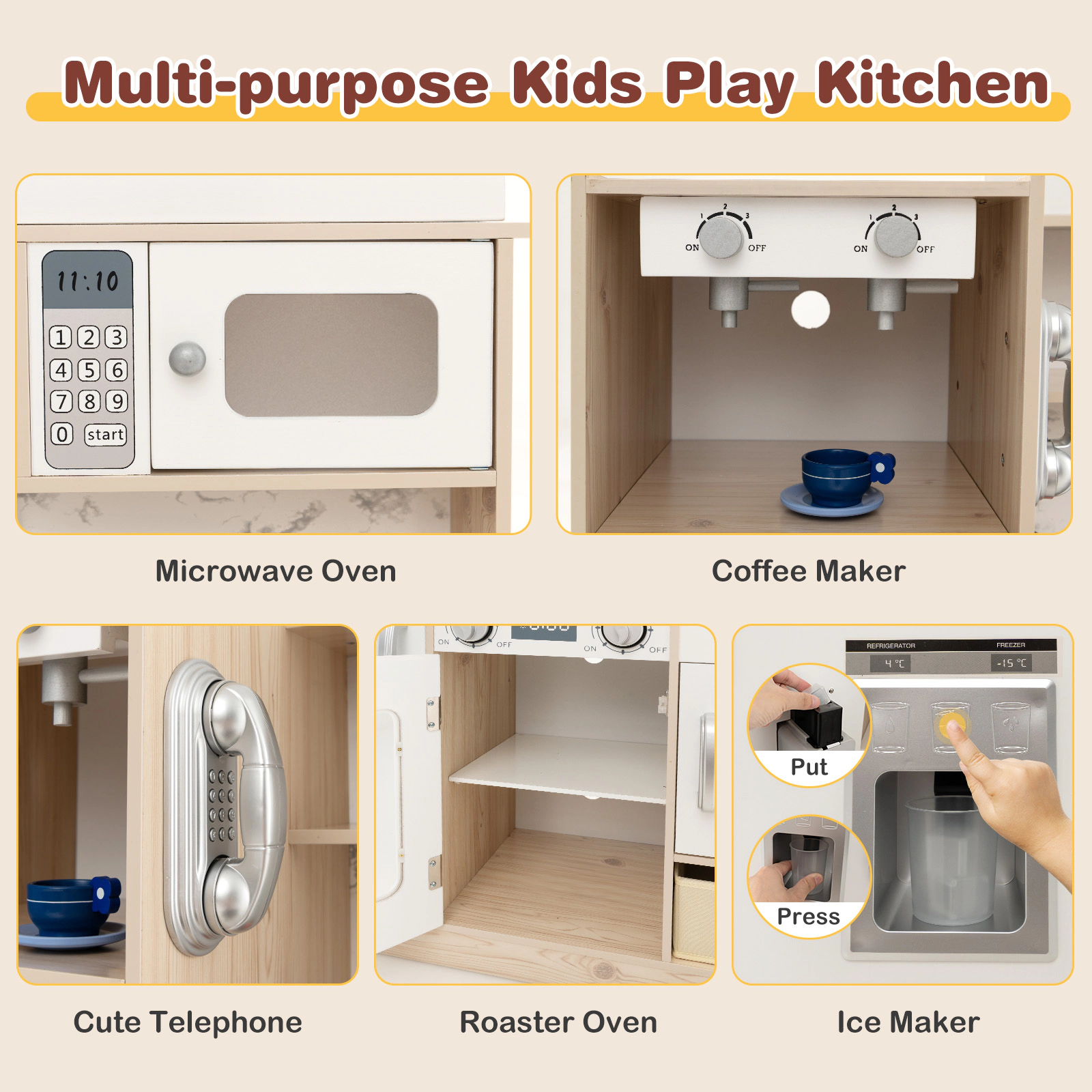 Kids Kitchen Playset Remote LED Lights Toy Coffee Maker Ice Maker Fabric Bins 35.5-in x 11.5-in x 35.5-in White