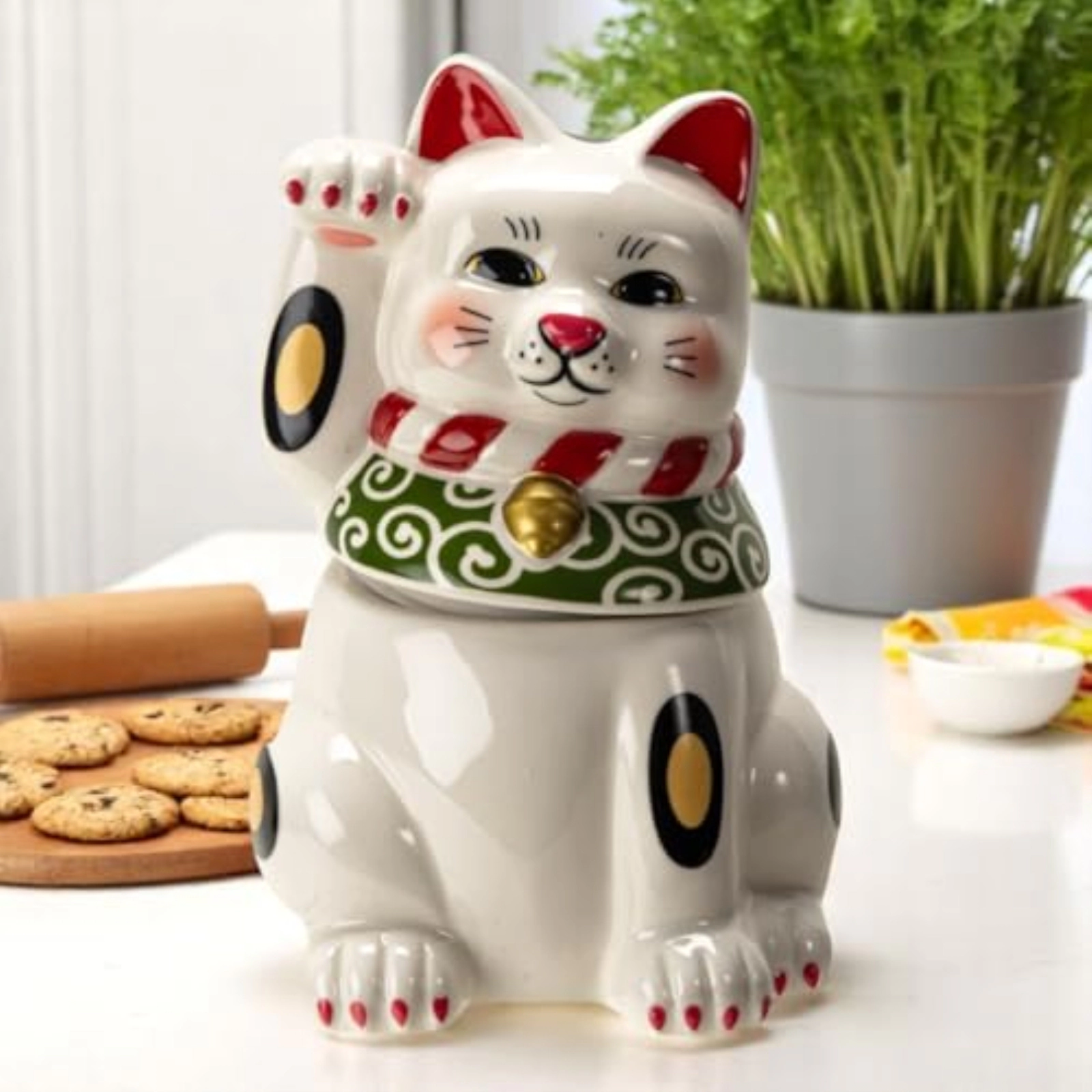 Pacific Giftware Maneki Neko Japanese Lucky Cat Paw Up Ceramic Cookie Jar Kitchen Decor