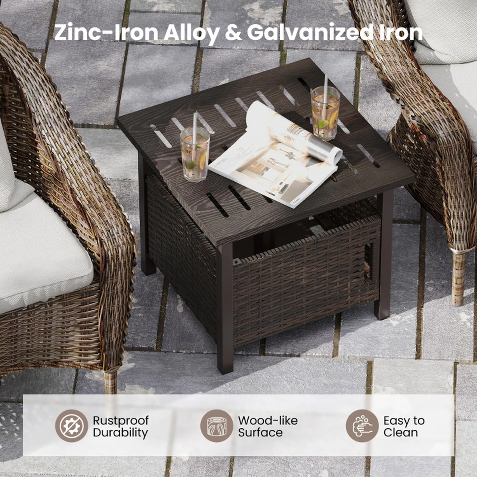 SUGIFT 22 in Outdoor Side Table Brown PE Wicker with 1.93 in Umbrella Hole