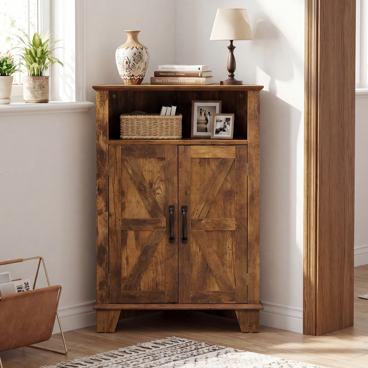 SUGIFT Rustic Brown 4-Tier Corner Accent Storage Cabinet with 2 Barn Doors and Open Shelf 22-in W 14-in D 33-in H