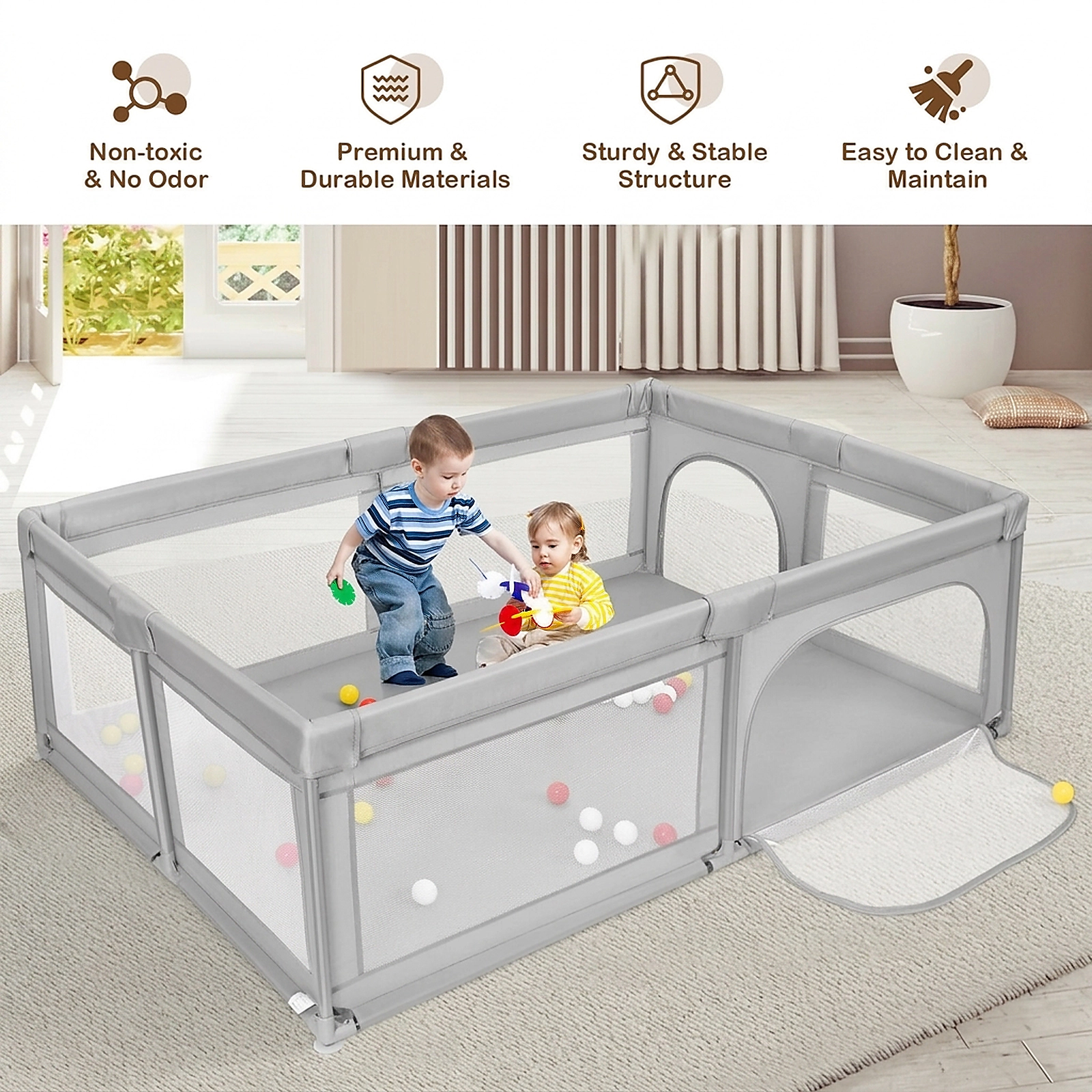 SUGIFT 81-in Extra Large Baby Safety Fence with 360-Degree View 27-in Standing Panels and 50 Ocean Balls