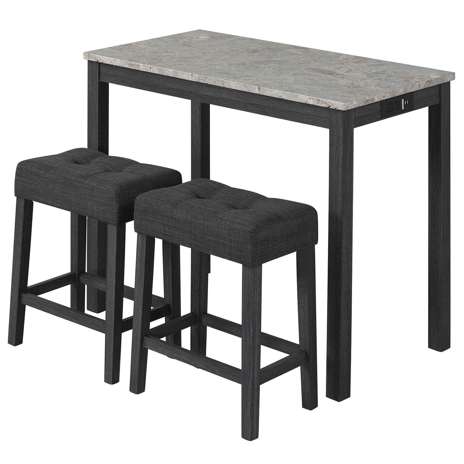 SUGIFT 3-Piece Counter-Height Bar Set with Faux Marble Top, Charging Station and Tufted Stools
