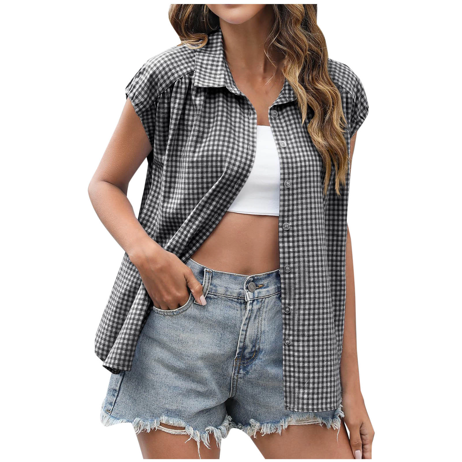 Enchanted Funland Womens Gingham Plaid Collared Cap Sleeve Button Down Shirts