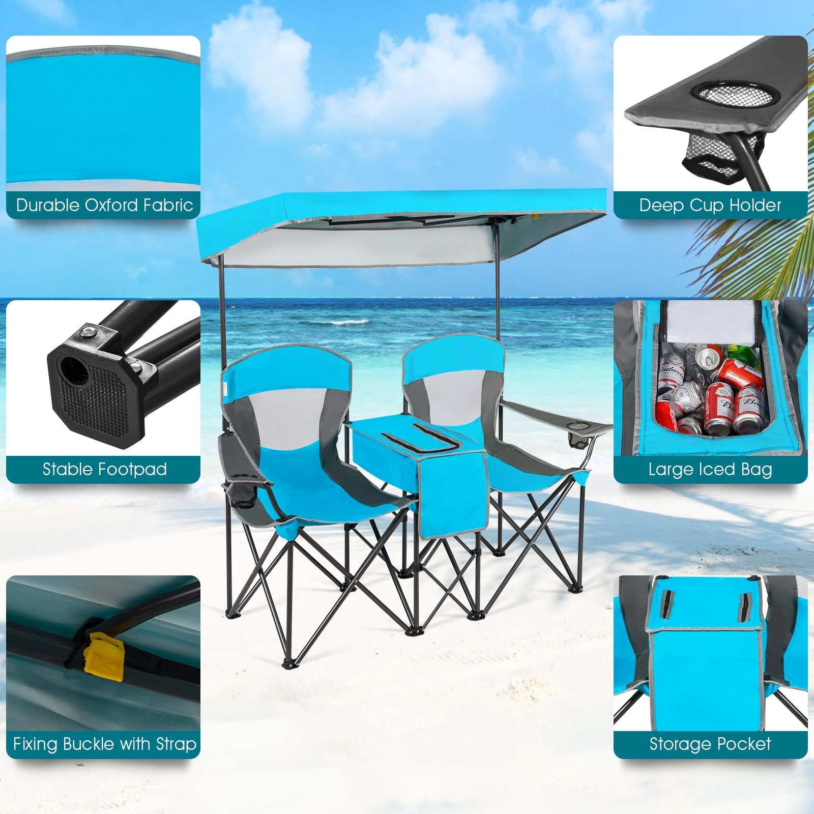 SUGIFT Blue Double Folding Camping Chair with Adjustable Canopy and Cooler Bag 55.5-in W 28.5-in D 265-lb Per Seat