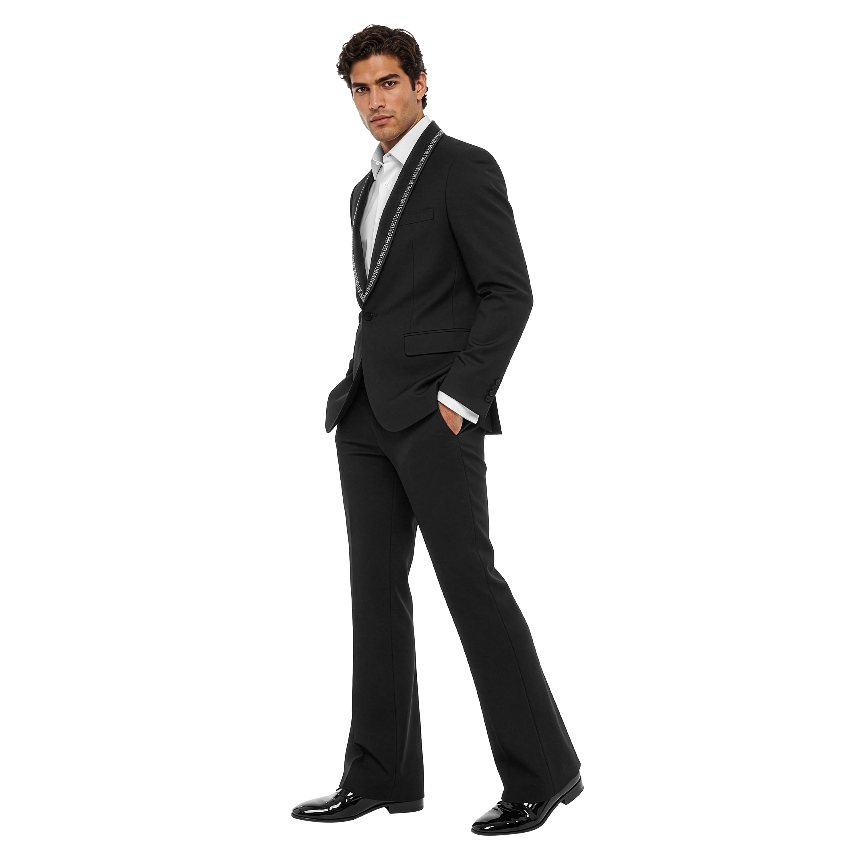 Tazzio Mens Flared Pants Rhinestone Studded Tuxedo Set Shawl Collar 2 Piece, Skinny Fit
