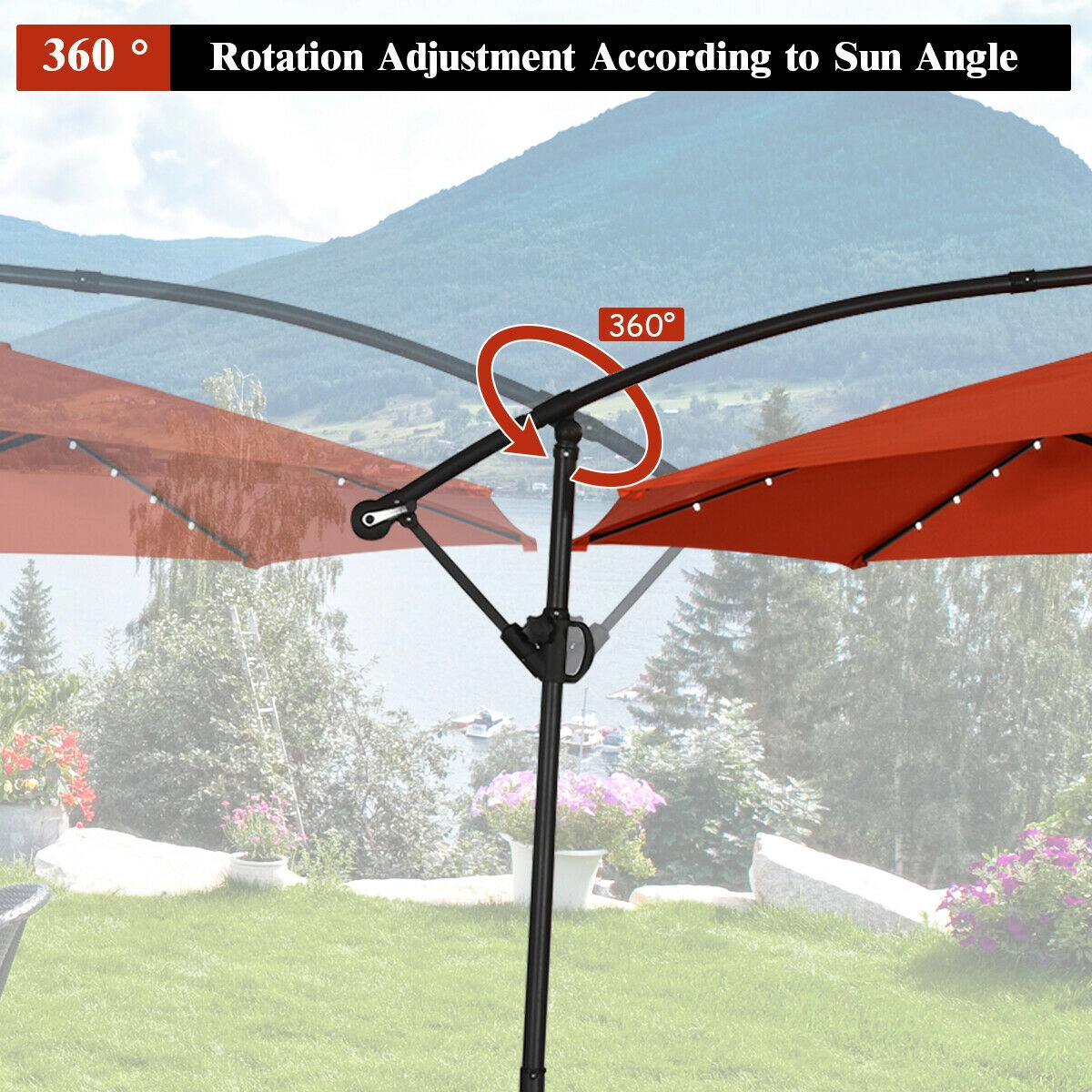 SUGIFT 10-ft 360° Rotation Solar Powered LED Offset Patio Umbrella with 32 Lights without Weight Base Orange