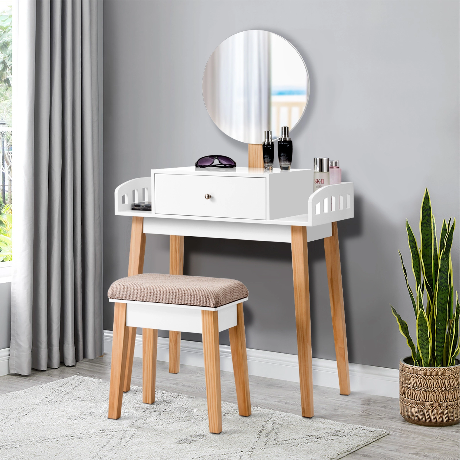 SUGIFT 2-Piece Makeup Vanity Set with 16-Inch Round Mirror and Cushioned Stool