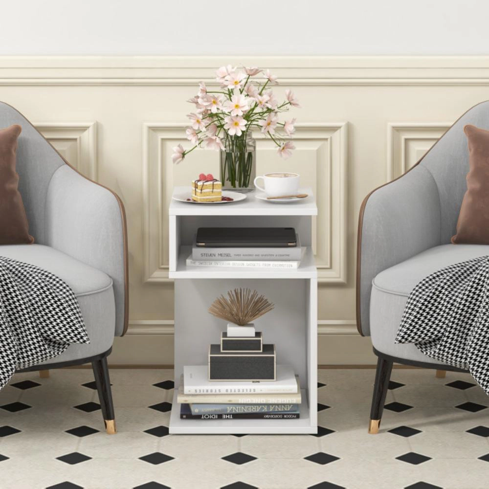 Hivvago Contemporary S-Frame Side Table with Dual Open Shelves and Distinctive Curved Design