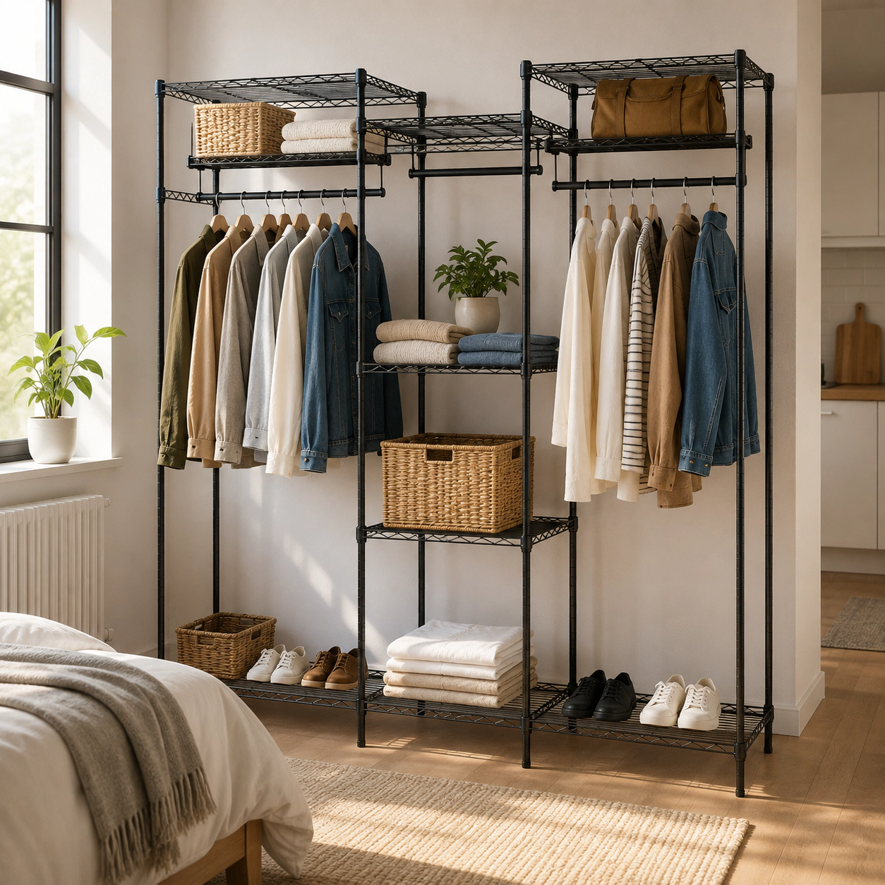 SUGIFT 78-in 180-lb Shelf Capacity Black Convertible Clothes Organizer with 7 Shelves and 4 Hanging Rods
