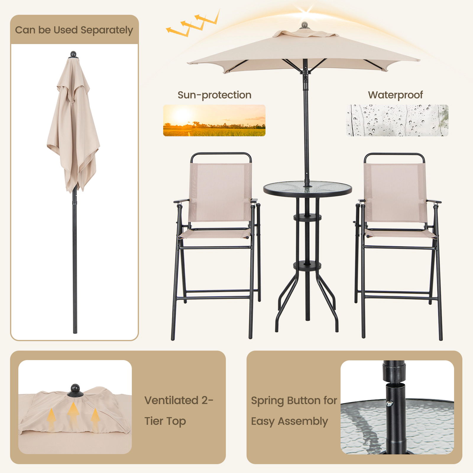 SUGIFT 4-Piece Beige Outdoor Bar Set, 36-Inch Table, 2 Folding Chairs and Umbrella