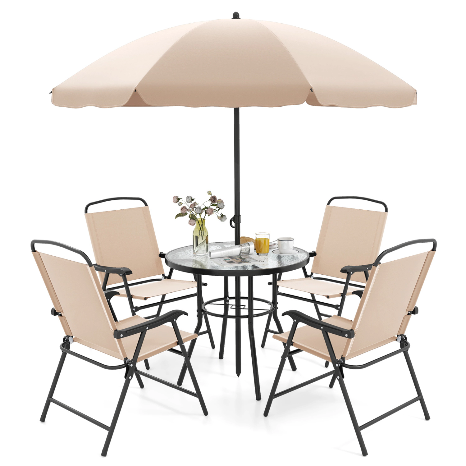 LJG 6 Pieces Patio Dining Set with Umbrella and 4 Folding Armchairs