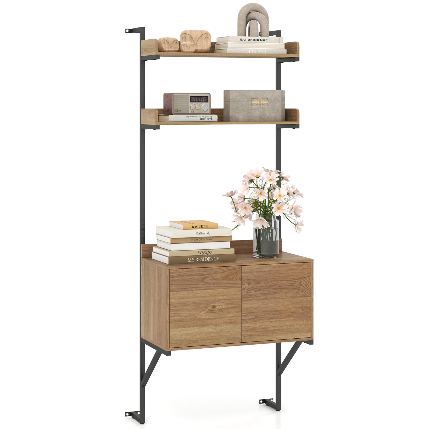 LJG Tall Ladder Shelf with Storage Cabinet Narrow Wall Mounted Ladder Bookcase