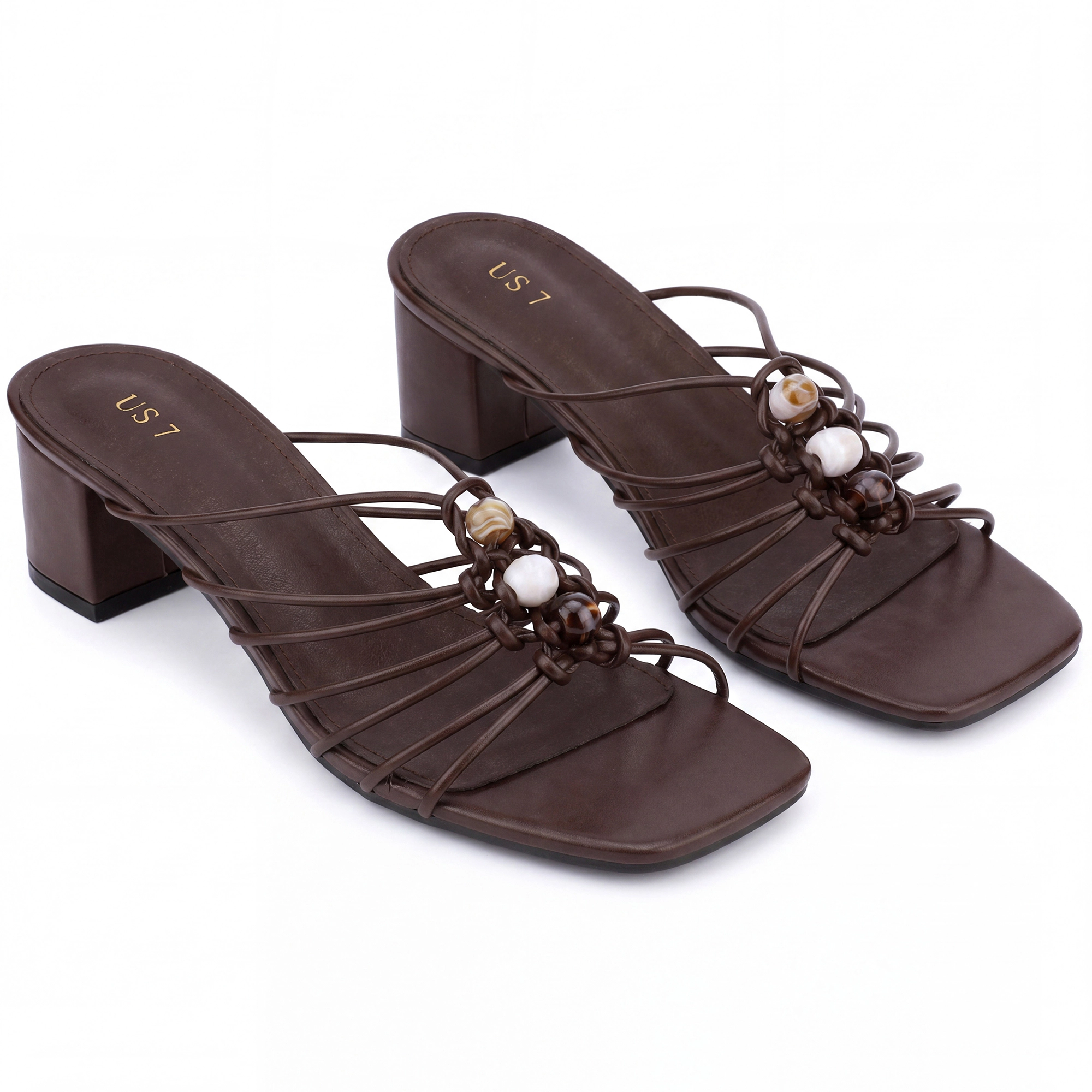 BLISSFUL STEP Women's Beaded Square Toe Strappy Slip on Chunky Heel Sandals