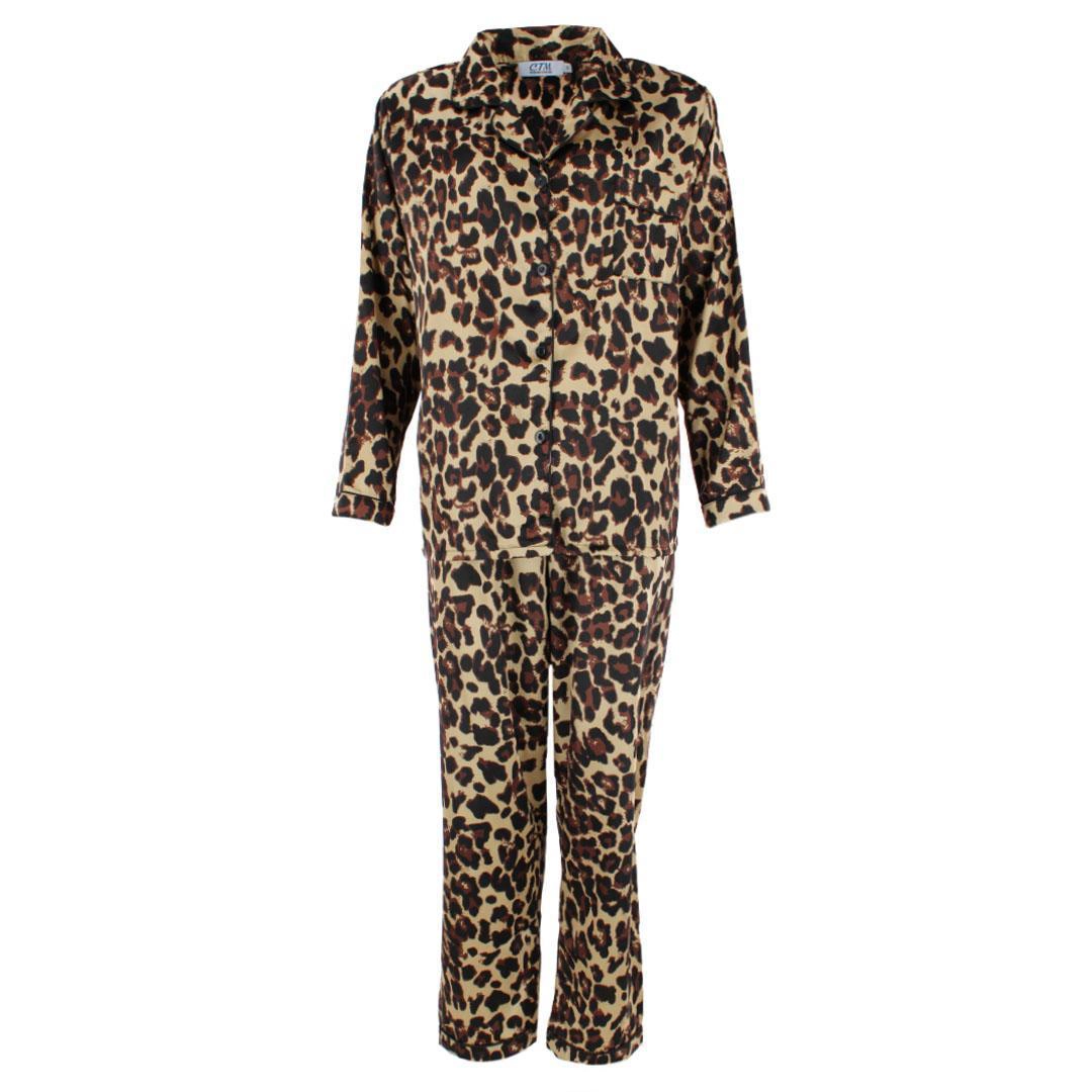 CTM Women's Leopard Print Satin Long Sleeve Pajama Set