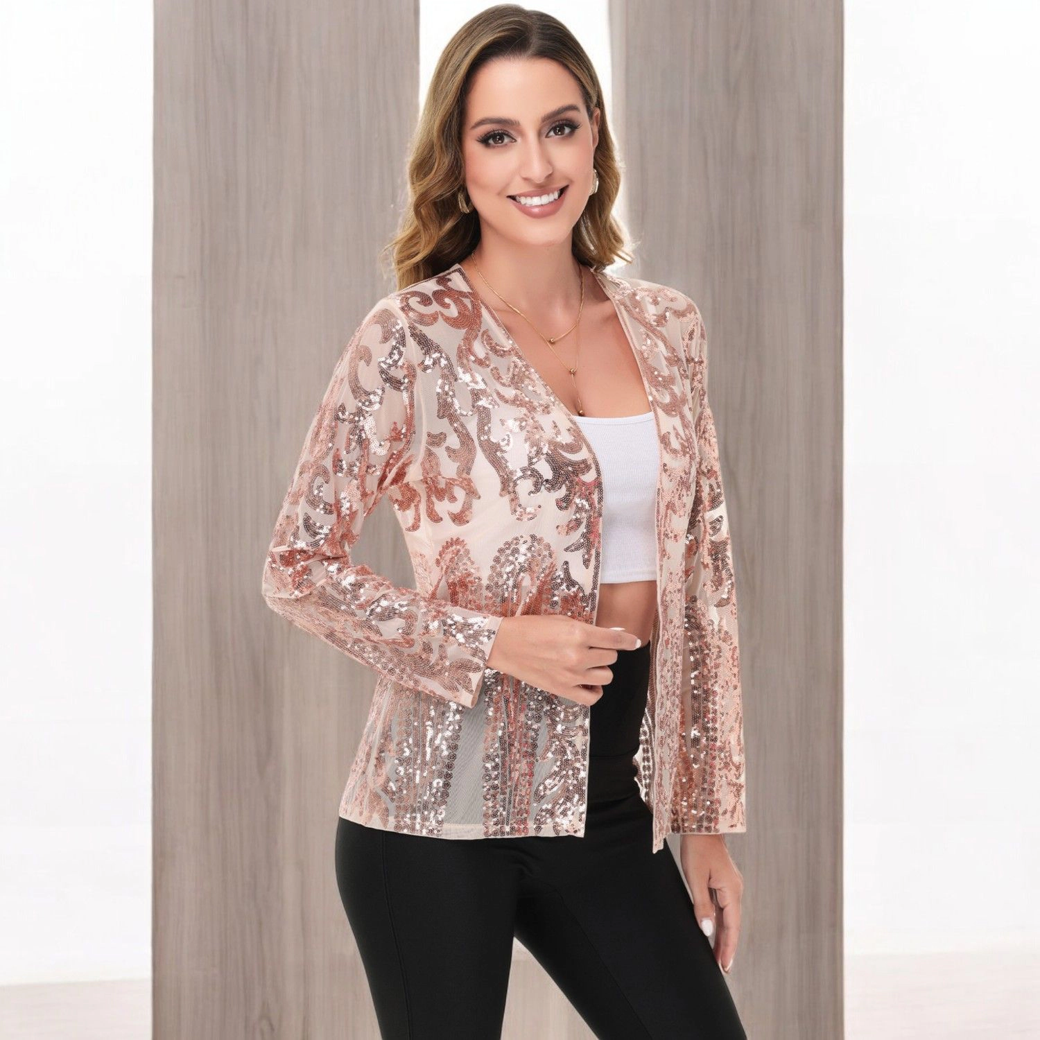 Anna-Kaci Women's Sequin Embellished Open-Front Cardigan with Sheer Mesh Long Sleeves