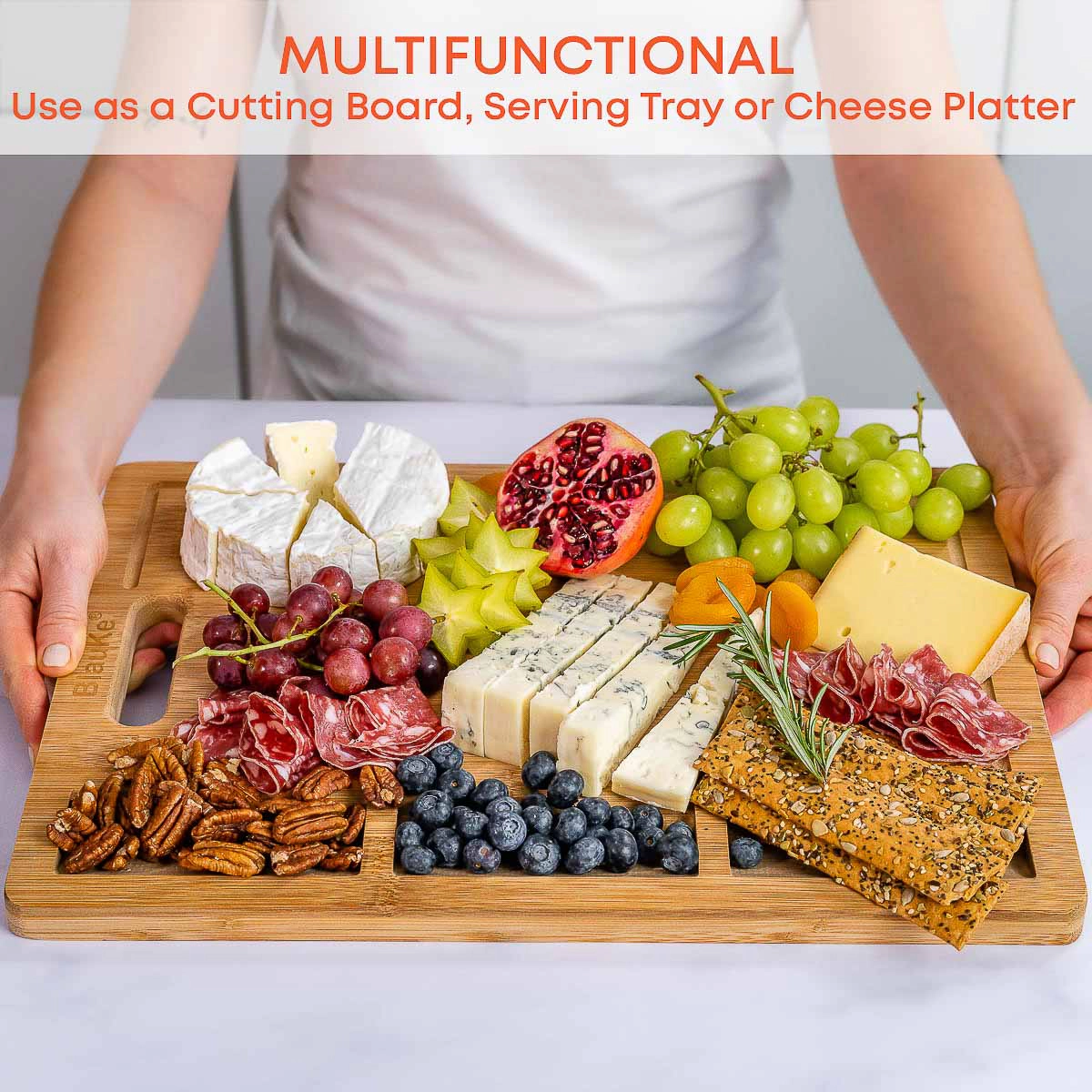 Extra Large Bamboo Cutting Board - Wood Cutting Board for Meat, Cheese, Veggies - Wood Serving Tray with Juice Groove