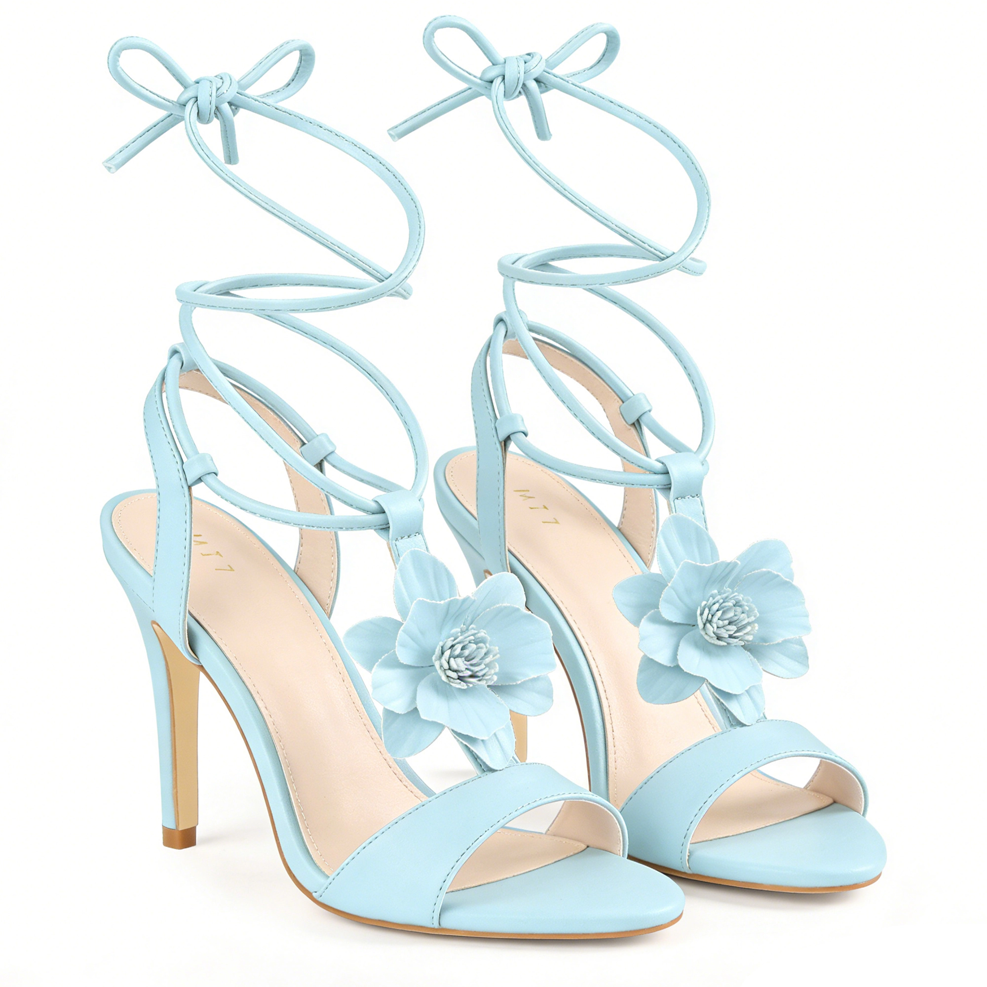 BLISSFUL STEP Women's Flower T-Strap Lace Up Stiletto High Heel Slingback Sandals