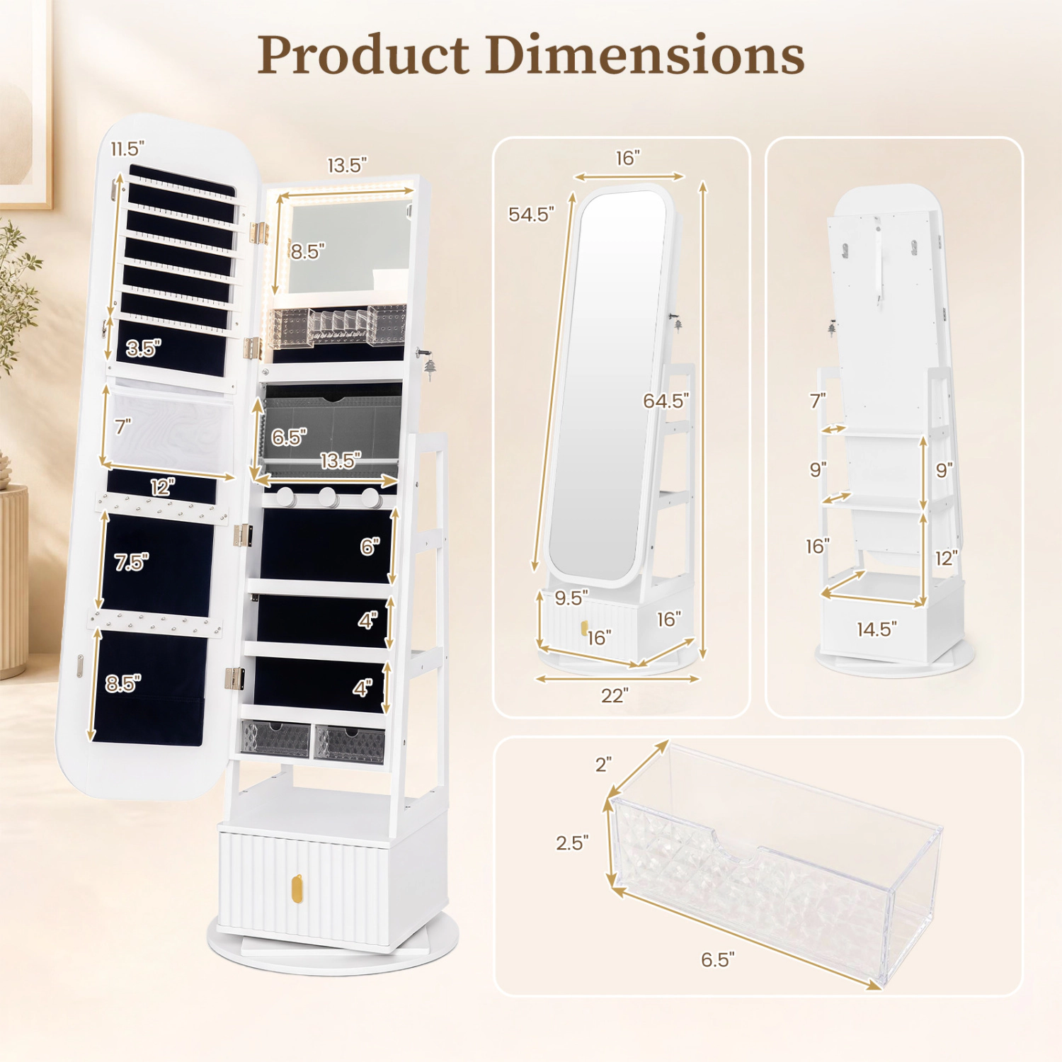 LJG 360° Swivel Jewelry Cabinet with Full-Length Mirror and Dual Hooks