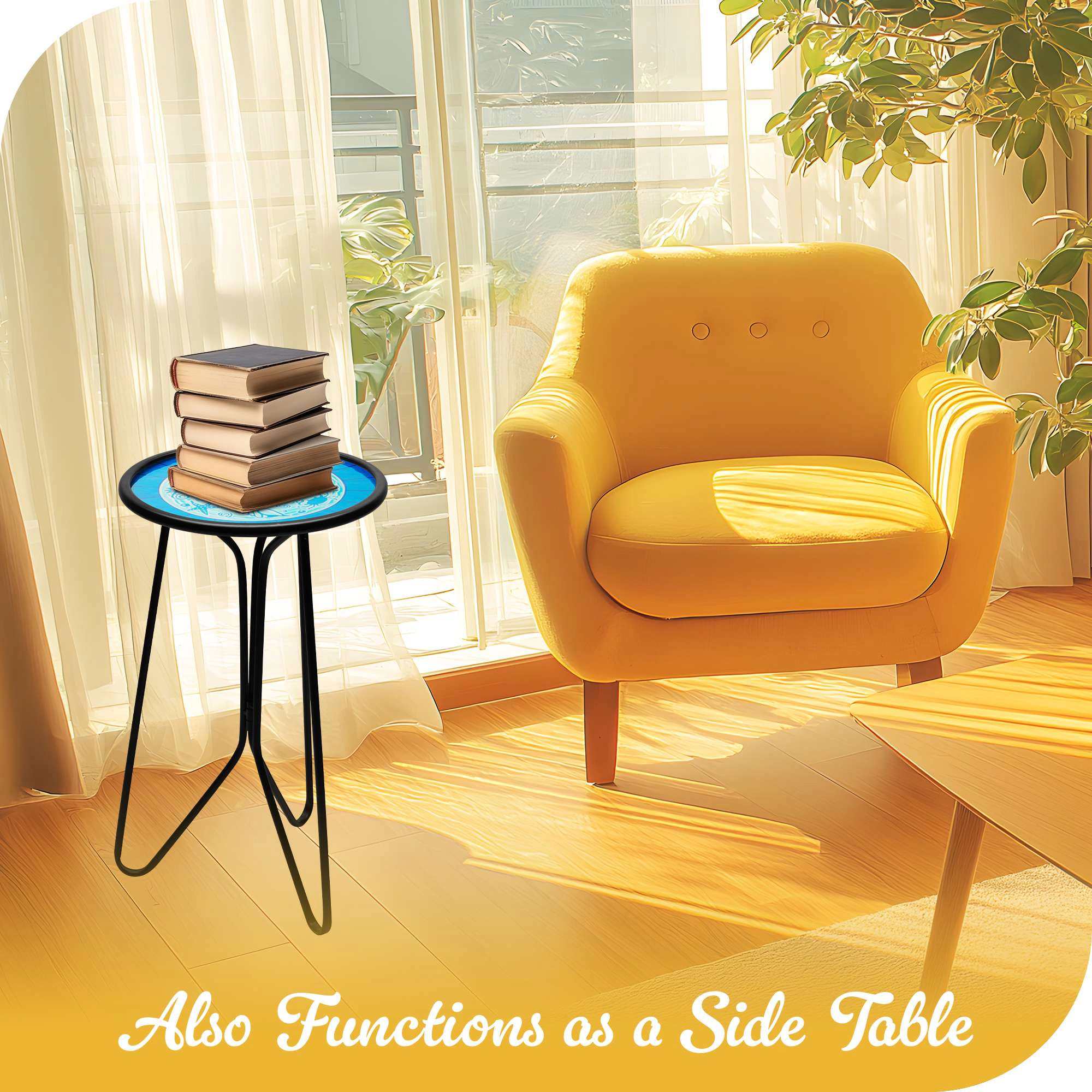 G128 12in Round Glass Outdoor Side Table Ocean Pattern - Foldable Anti-Rust Metal Patio Table