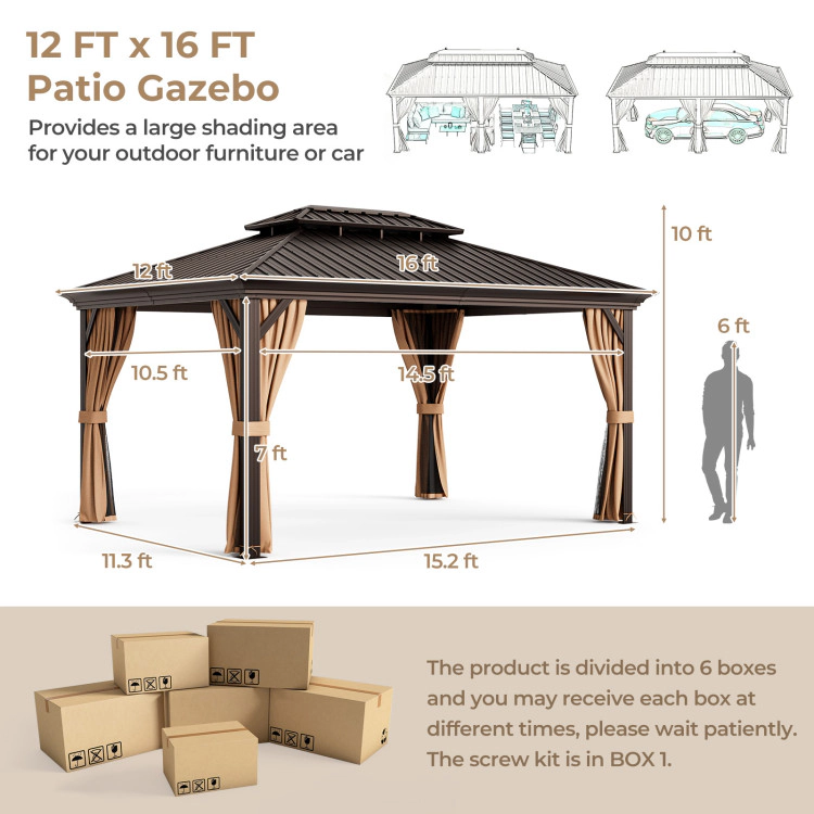 Hivvago 12' X 16' Double-Roof Hardtop Gazebo With Galvanized Steel Roof-Coffee