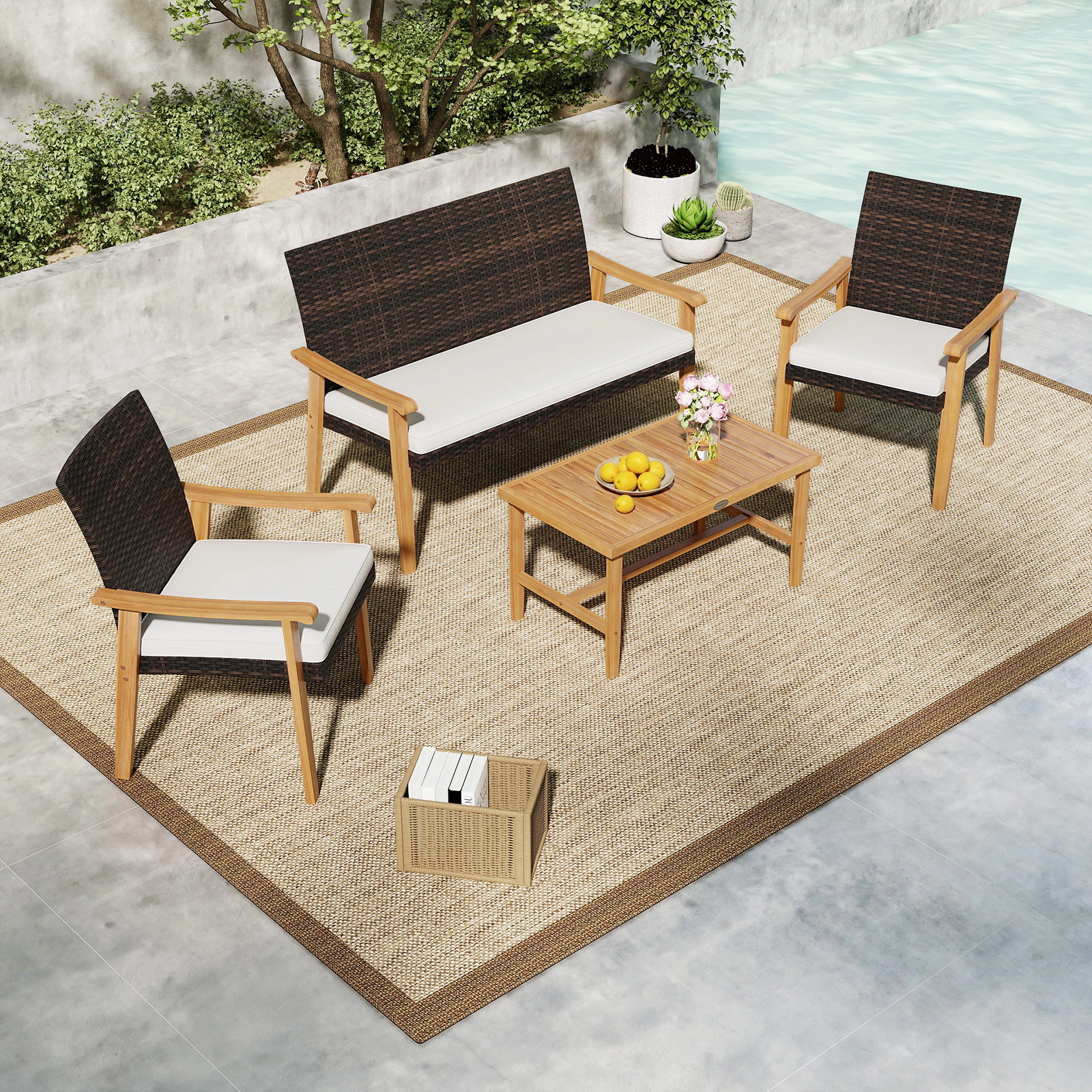 LJG 4 Piece Patio Furniture Set PE Rattan Porch Chairs with Acacia Wood Coffee Table and Soft Cushions