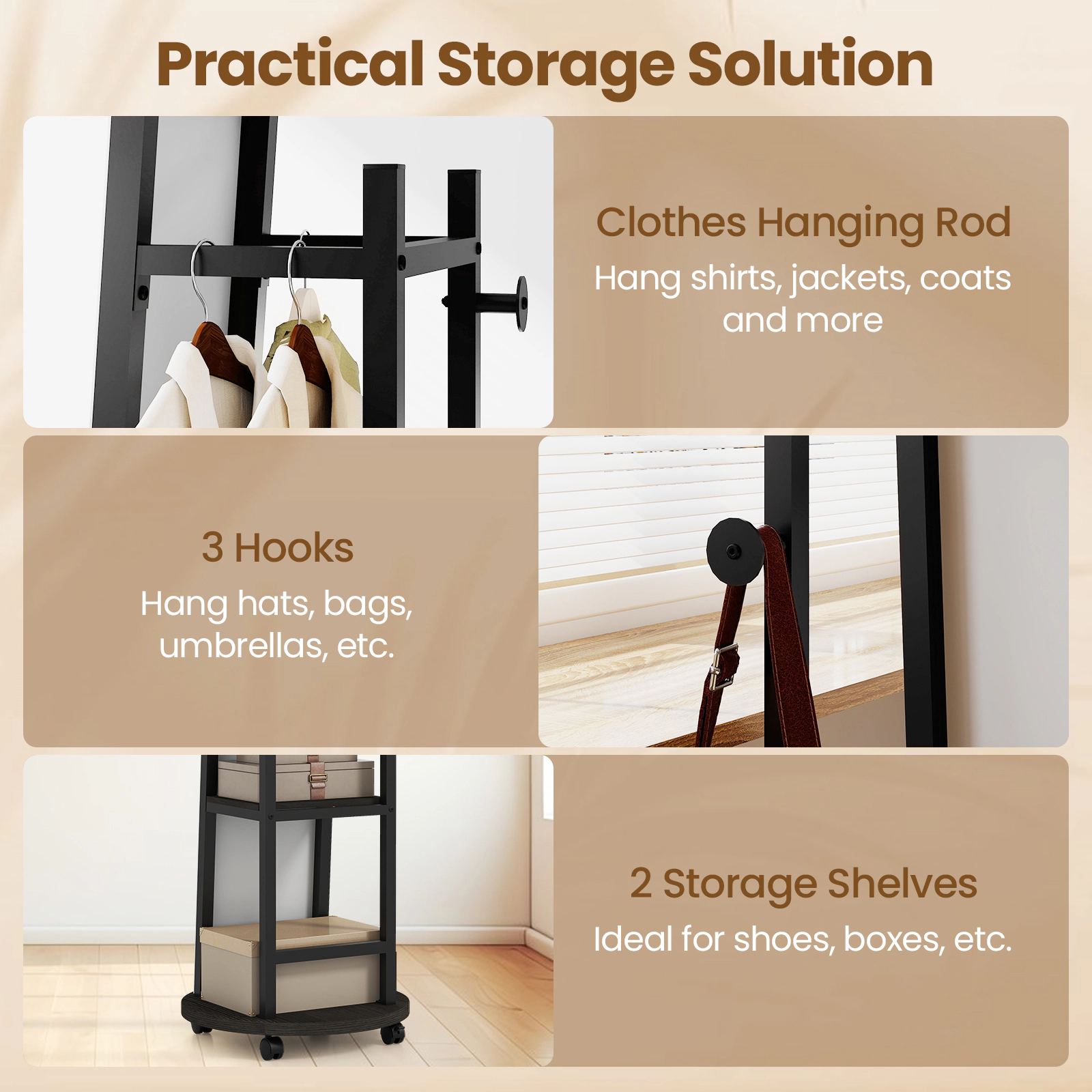 SUGIFT Coat Rack with Full Length Mirror Walnut Freestanding Coat Tree on Wheels