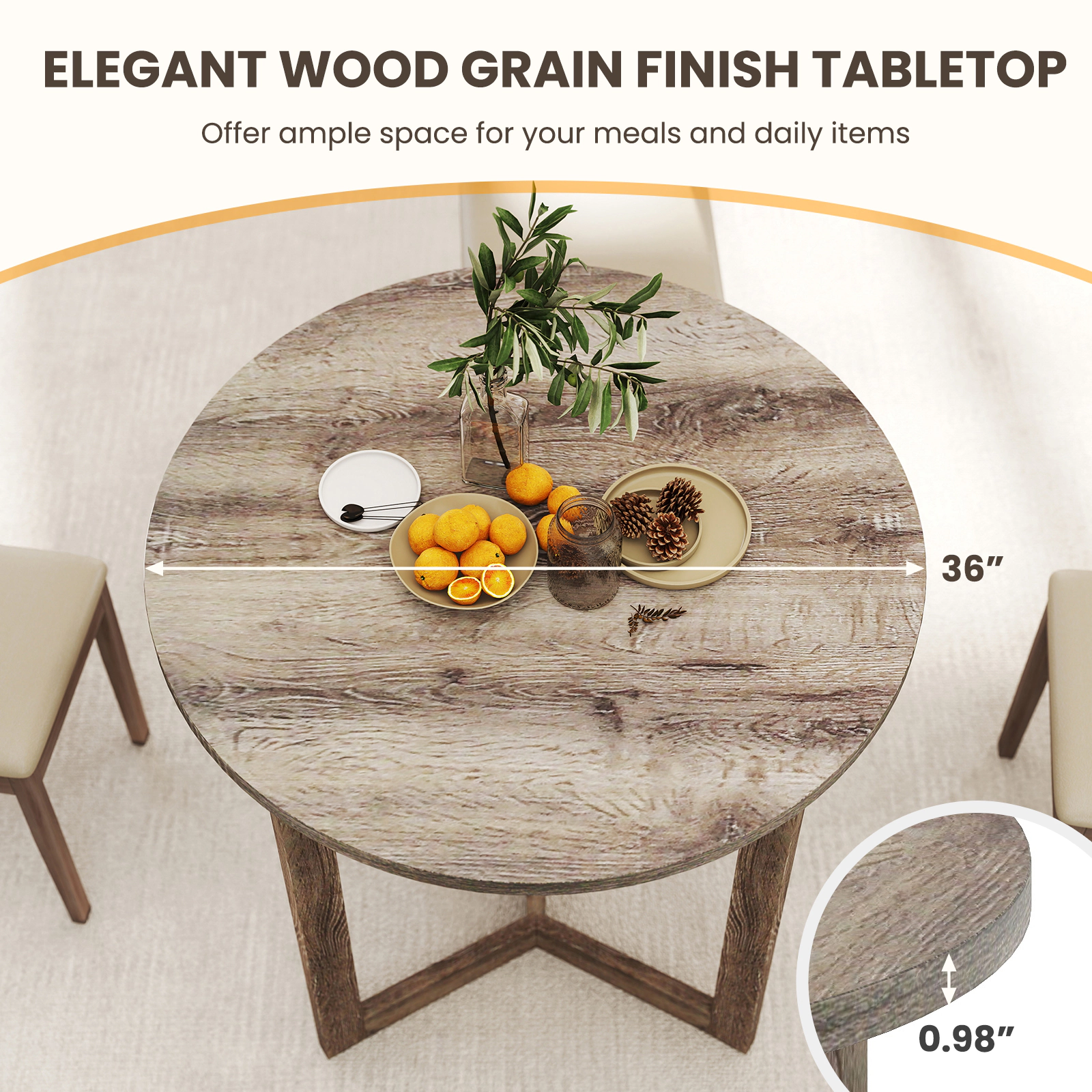 SUGIFT 36-in Grey Round Wood Dining Table for 2 to 4 People, Pedestal Base