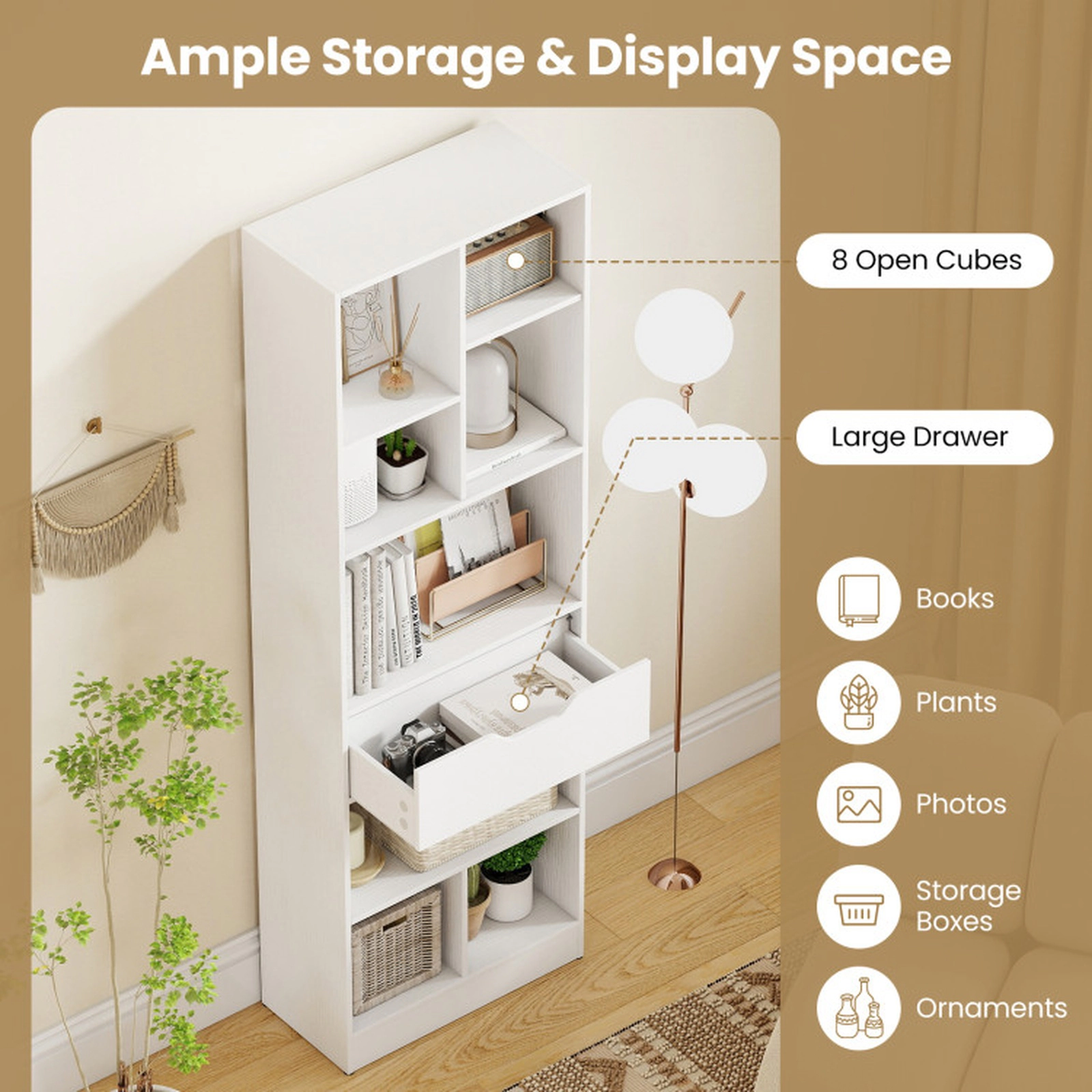 SUGIFT 61-in Tall Freestanding Bookcase with Drawer 8-Cube Storage Organizer 187-lb Capacity White