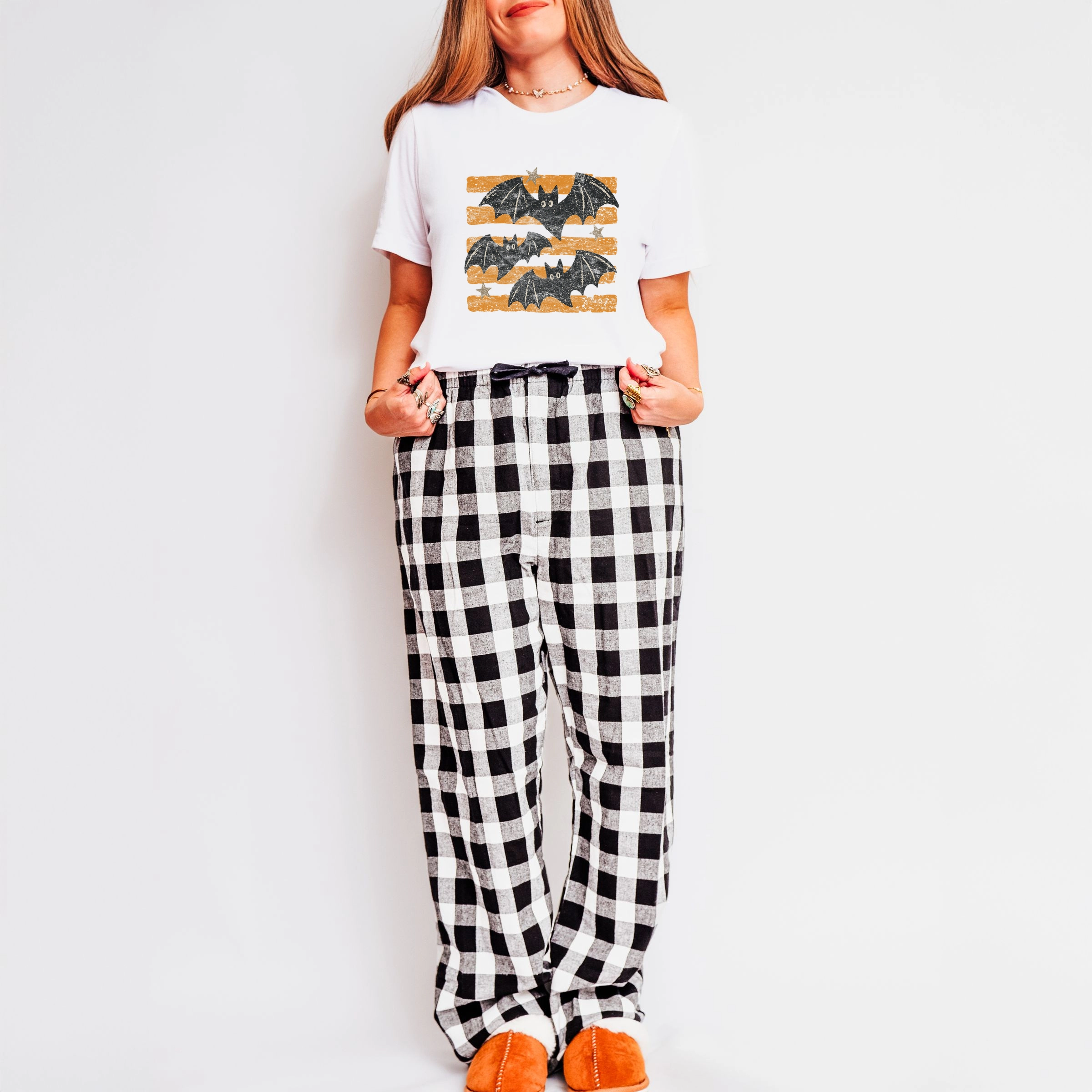 Simply Sage Market - Women's Plaid Pants and Tee Set Bats Orange Stripes