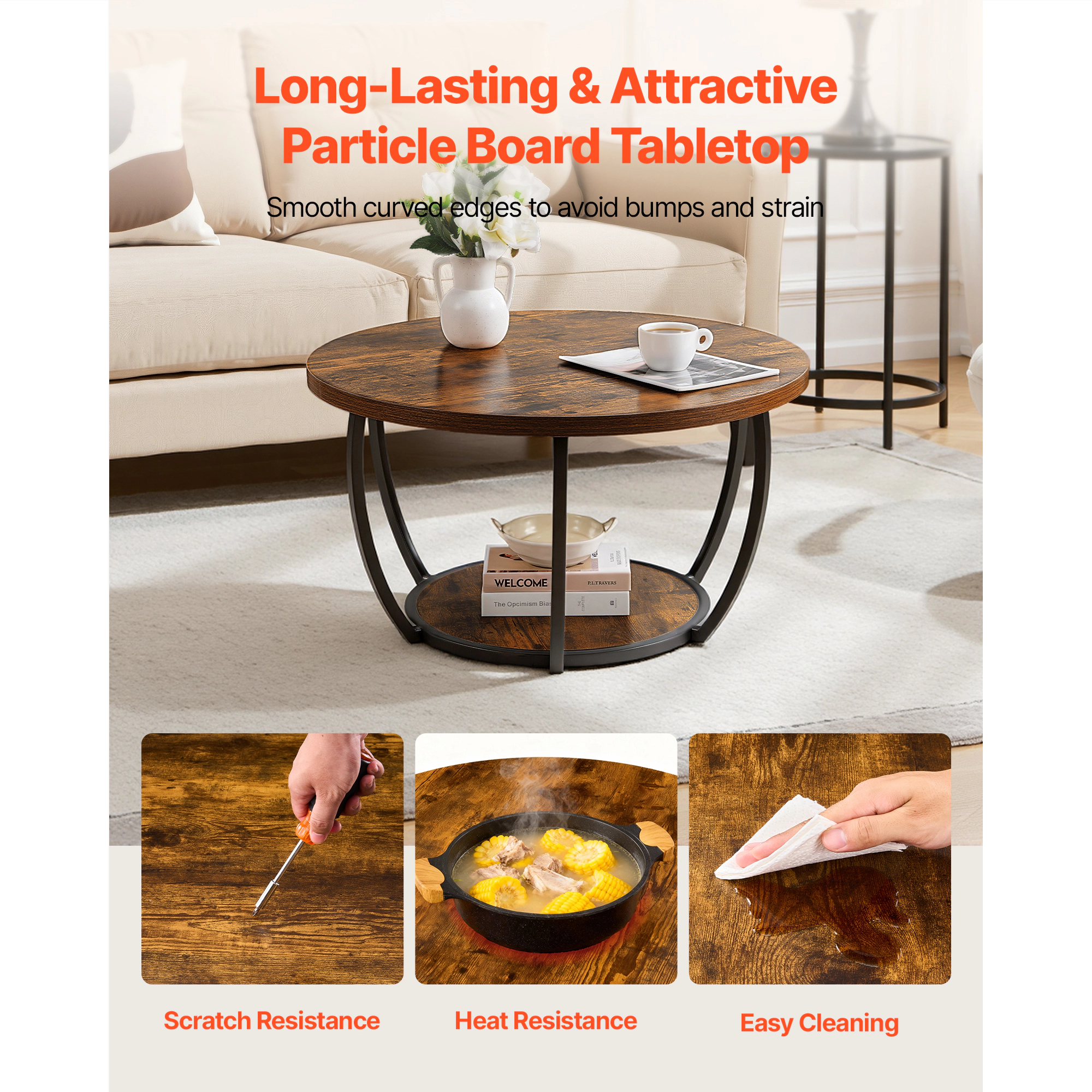 HONGGE Coffee Table Modern Round Coffee Table 2 Tiers Wooden Circle Center Desk with Open Storage Minimalist Sturdy