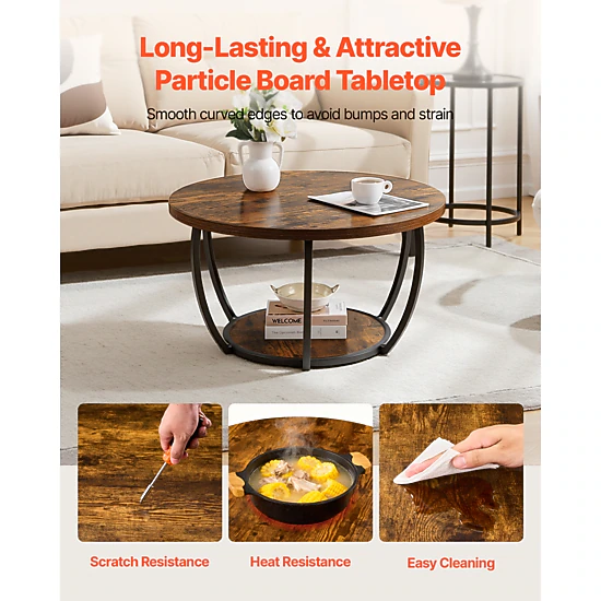 HONGGE Coffee Table Modern Round Coffee Table 2 Tiers Wooden Circle Center Desk with Open Storage Minimalist Sturdy