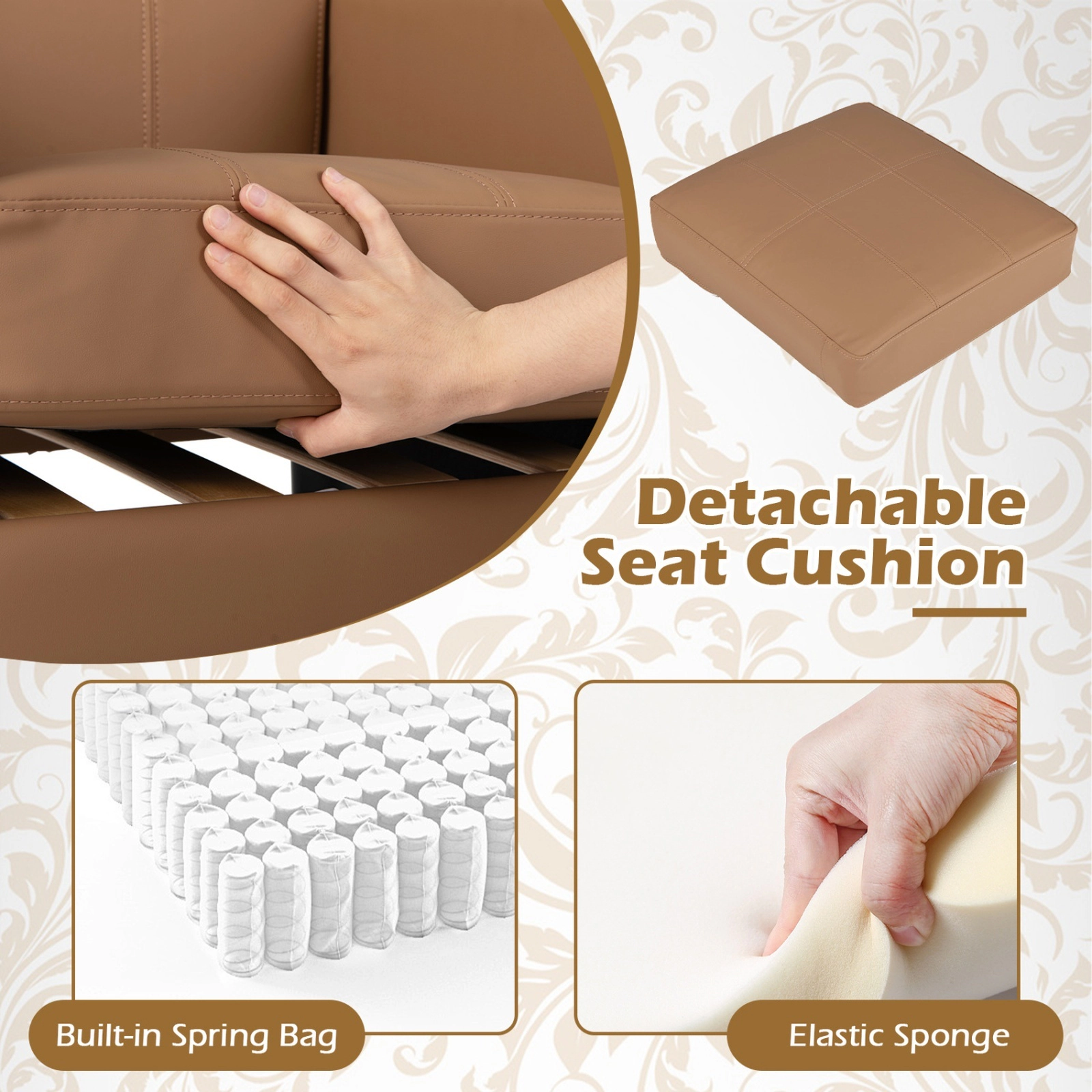 SUGIFT Brown PU Leather Accent Chair with Padded Arms, Removable Cushion, 350-lb Capacity